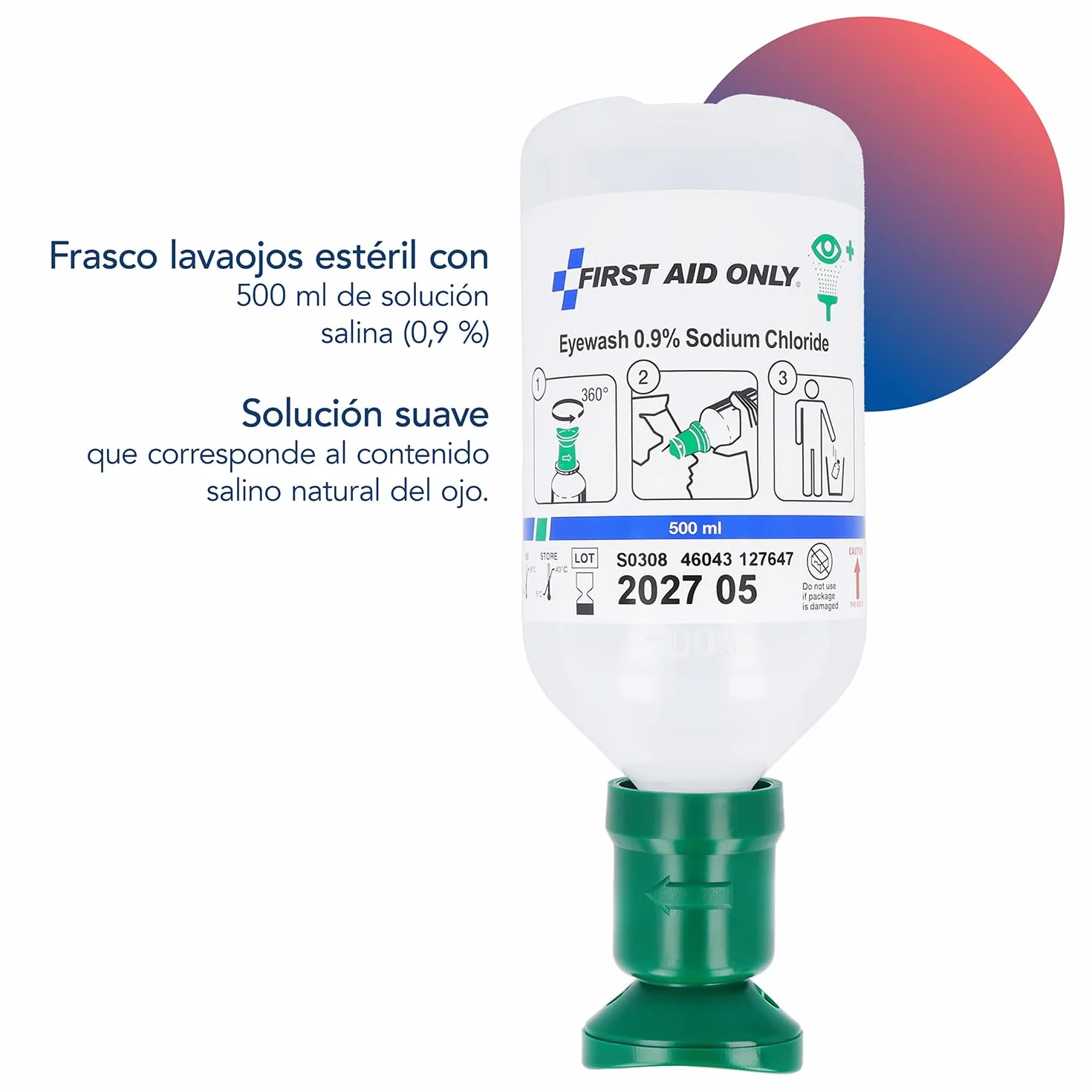 First Aid Only Botella de lavado ocular 500 ml solución cloruro sódico 0,9% Ducha ocular primeros auxilios