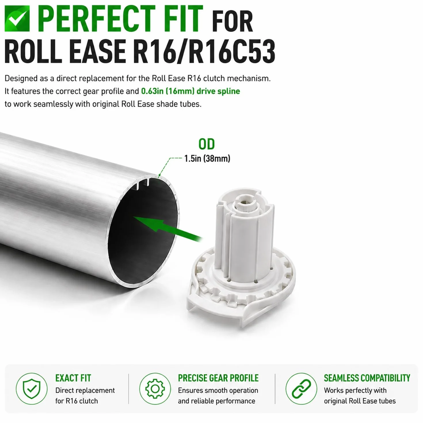 Roll Ease R-Series R16 Embrague de Persiana Enrollable R16C53 Compatible con Tubos de 3,8 cm Mecanismo de Repuesto