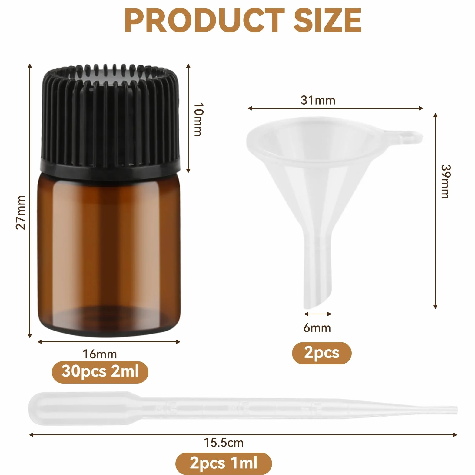 Botes Aceites Esenciales 30 Ámbar 2ml Mini Bottiglia di Vetro Rellenable con Embudos Cuentagotas