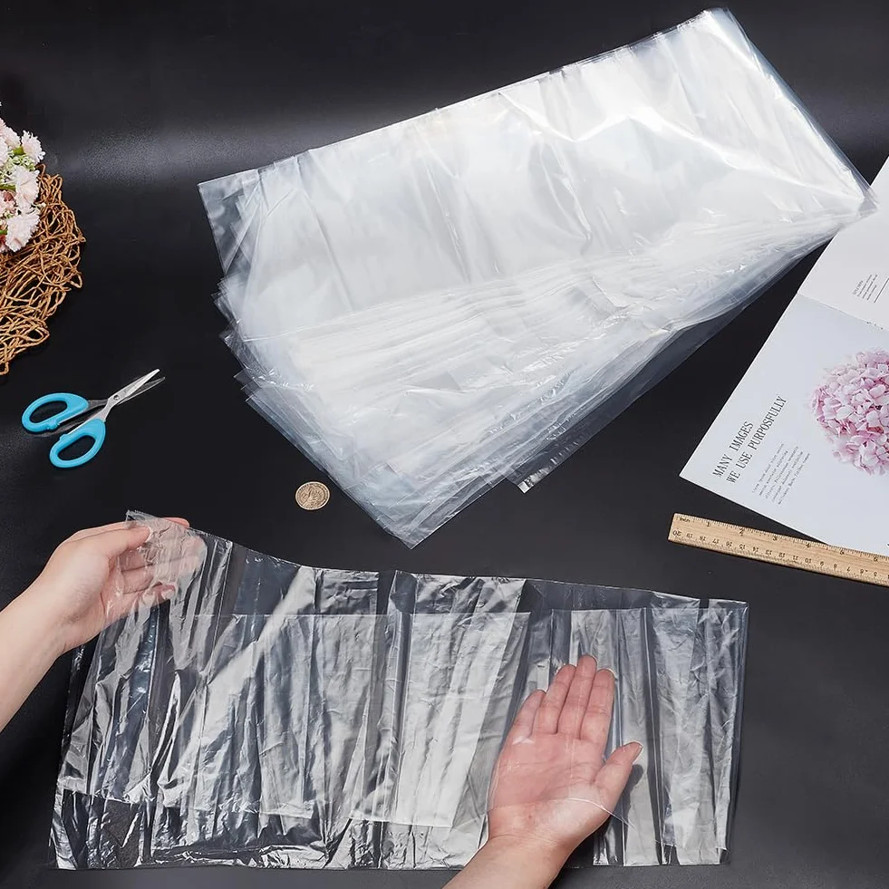 PH PandaHall 60 bolsas de plástico de polietileno transparente 2 mm 7.8 x 40 pulgadas tubo tubular manga larga plana abierta para pelucas carteles palomitas