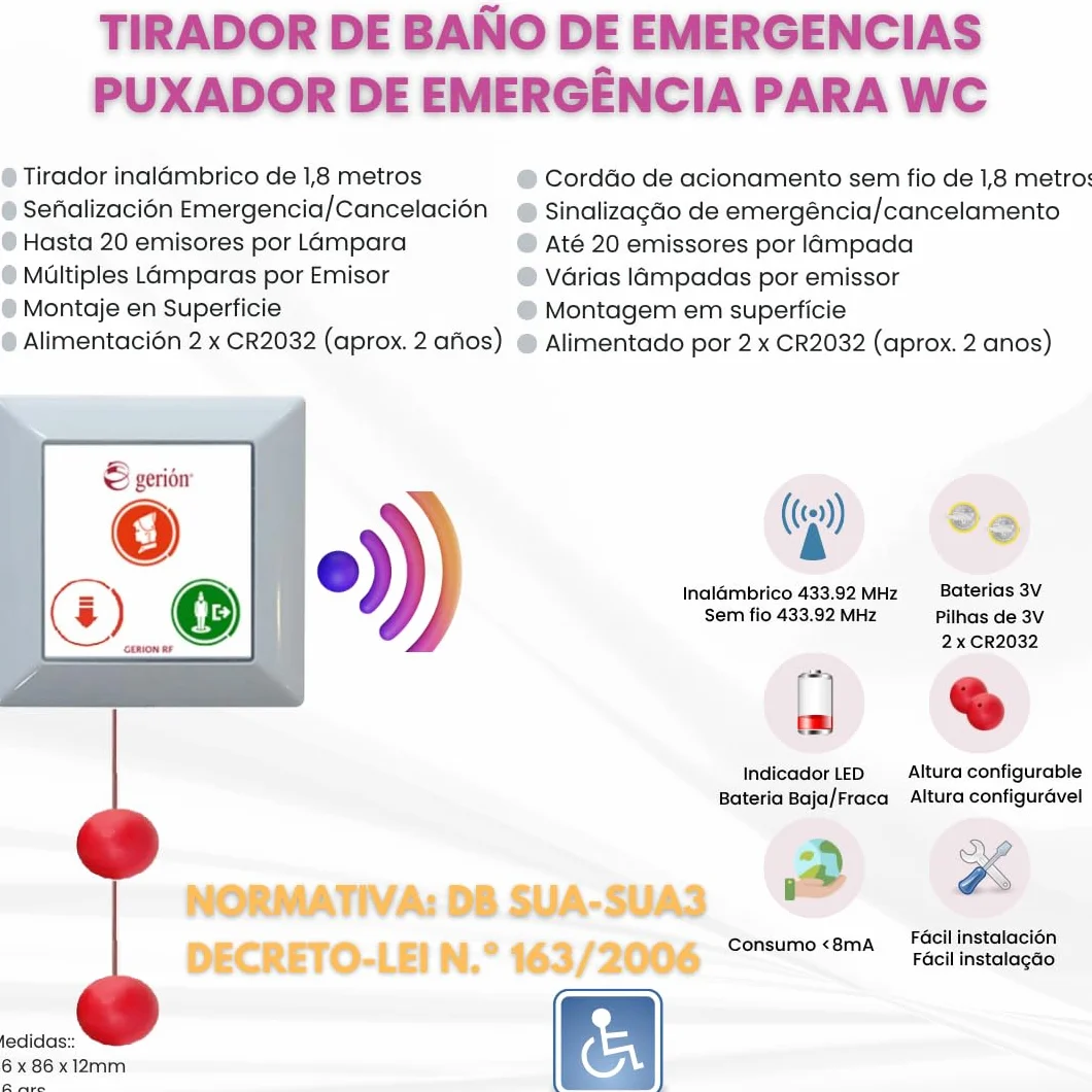 Kit Llamada Alarma Emergencia Inalámbrico Tirador Pulsador Aviso Acústico Lámpara Alta Visibilidad Baños Asistidos Adaptados