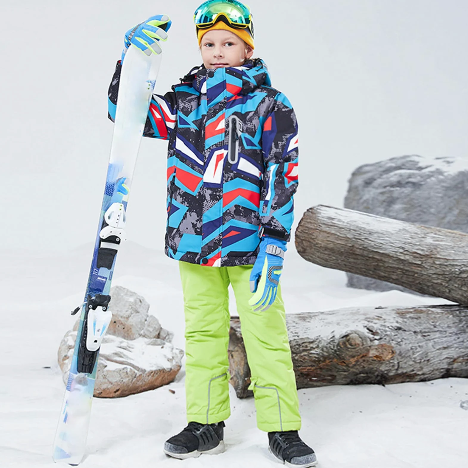 Conjunto de traje de esquí infantil de 2 piezas con capucha, impermeable, resistente al viento, traje de nieve para niños y niñas, chaqueta de esquí cálida y pantalones de esquí, geométricos