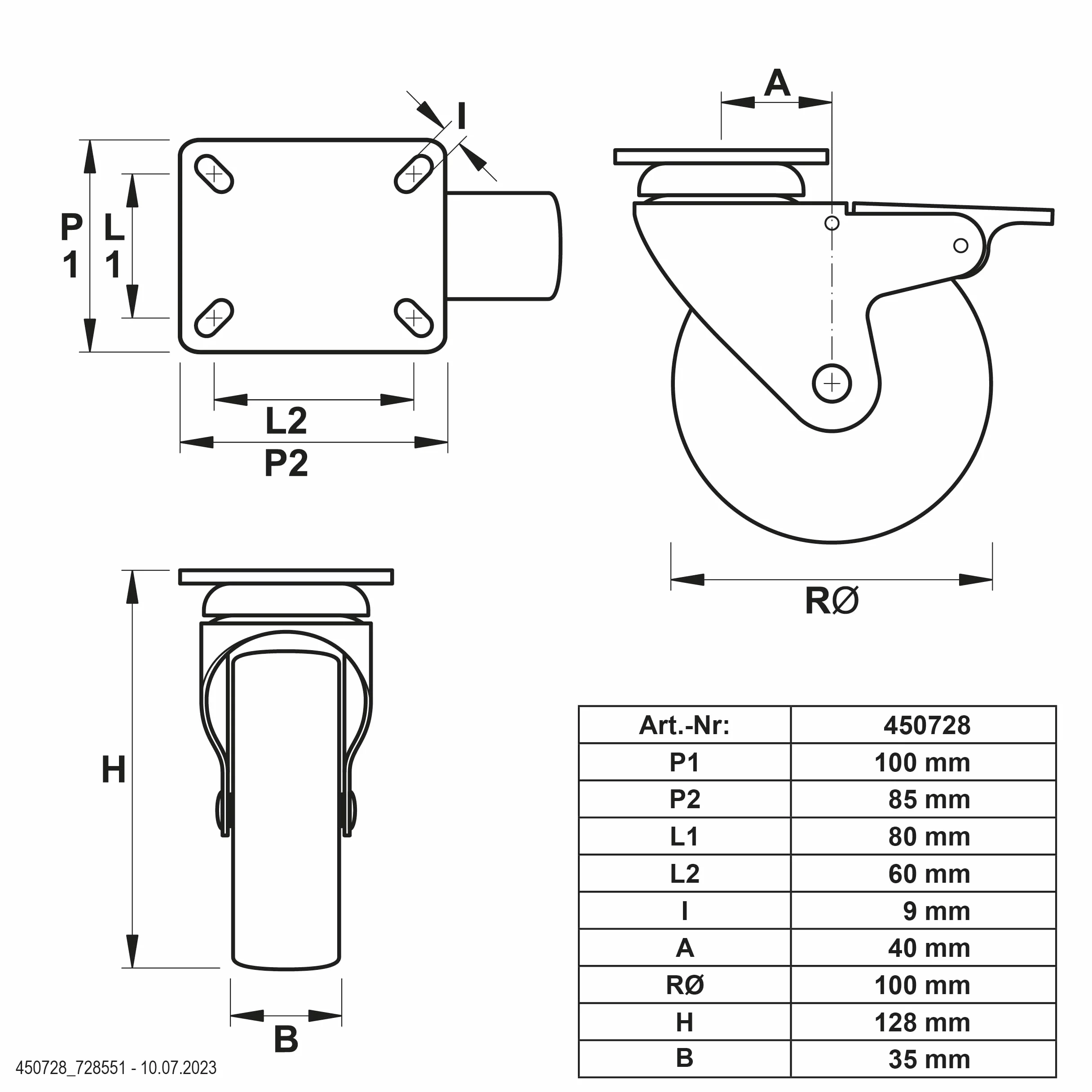 Dörner + Helmer Juego 4 ruedas giratorias 100 mm polipropileno placa 100x85 mm capacidad carga 450 kg