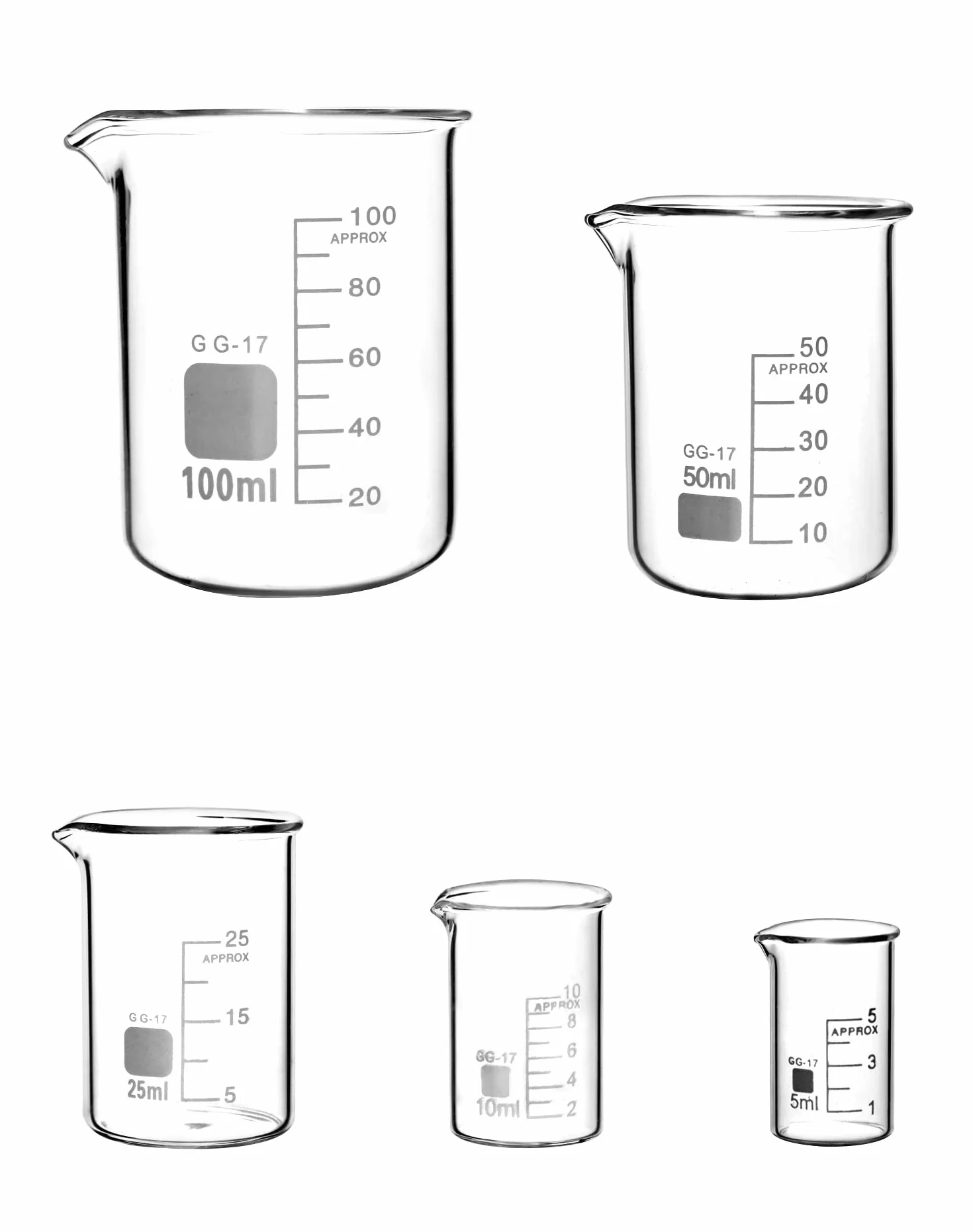 QWORK 5 Piezas Vaso de Precipitados Graduado de Vidrio Borosilicato 3.3, 5ml 10ml 25ml 50ml 100ml
