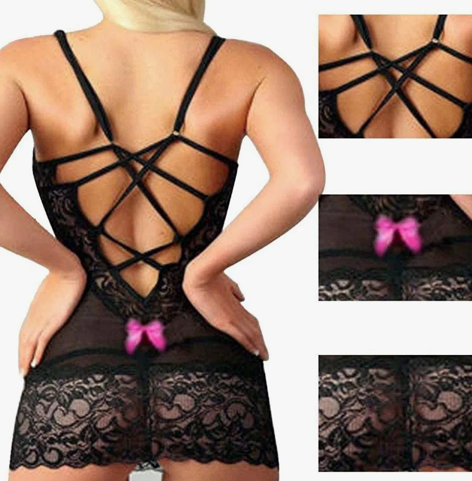 AKAZI Lencería Sexy para el día de San Valentín, lencería Sexy para Mujer, Ropa de Dormir de Malla de Encaje Negro con Nudo de Lazo, Ropa Interior de Babydoll Hueca, Mono (Rose Red L)