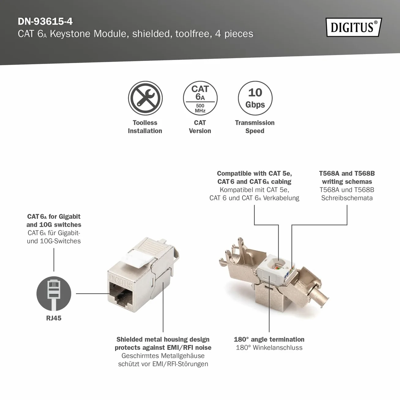 DIGITUS Módulo Keystone Cat-6A blindado RJ45 500 MHz 10GBase-T 4 unidades