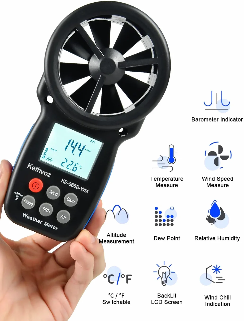 Anemómetro Digital Kethvoz KE-866B-WM Medidor de Viento con Barómetro, Altímetro y Medición de Humedad