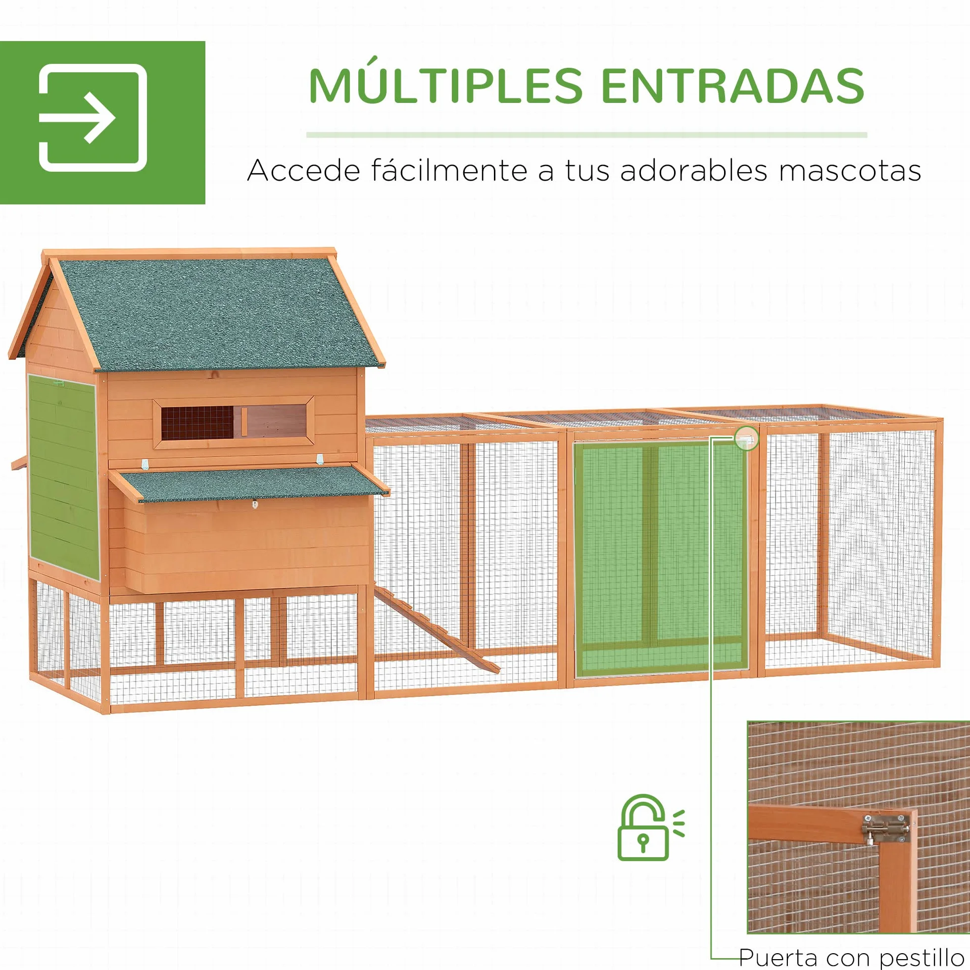 PawHut Gallinero de Madera Grande Exterior 347x160x150 cm para 4-6 Gallinas con 2 Nidos, Corral, Techo Asfáltico