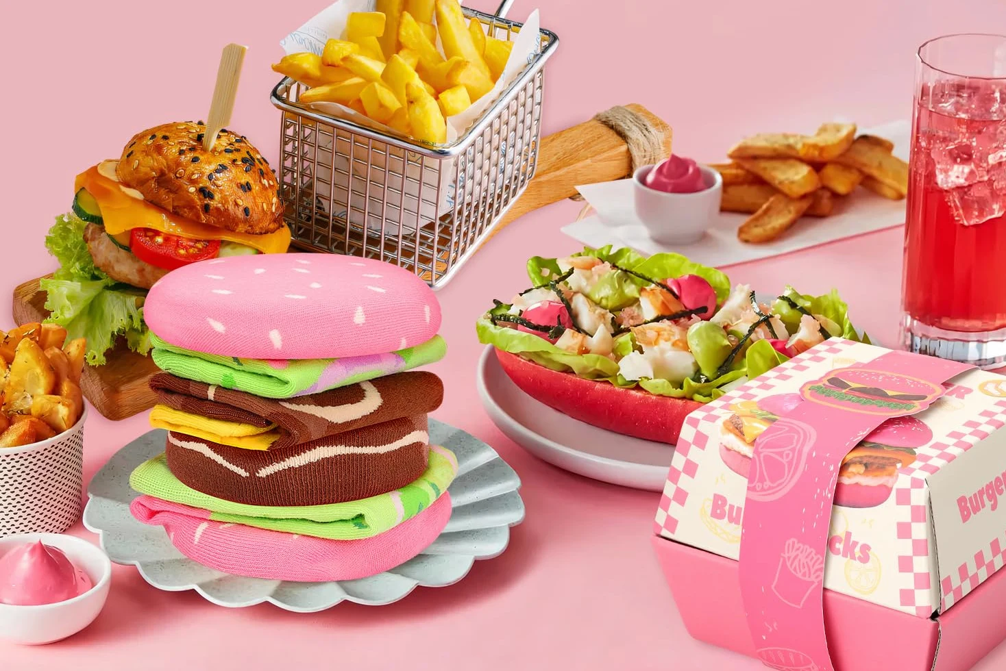 Divertida caja de calcetines de hamburguesa con forma de dona, calcetines locos para mujeres, adolescentes, niñas, cumpleaños, Navidad, regalos de broma