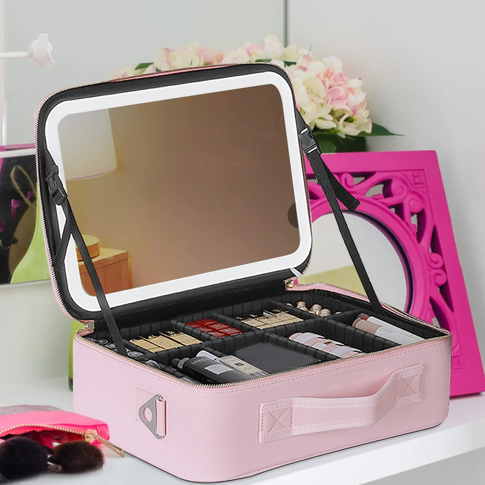 Bolsa de cosméticos de gran capacidad con espejo y luz, bolsa de cosméticos profesional con espejo iluminado, bolsa de cosméticos portátil, compacta y práctica, Rosa., large, Bolsa de cosméticos con