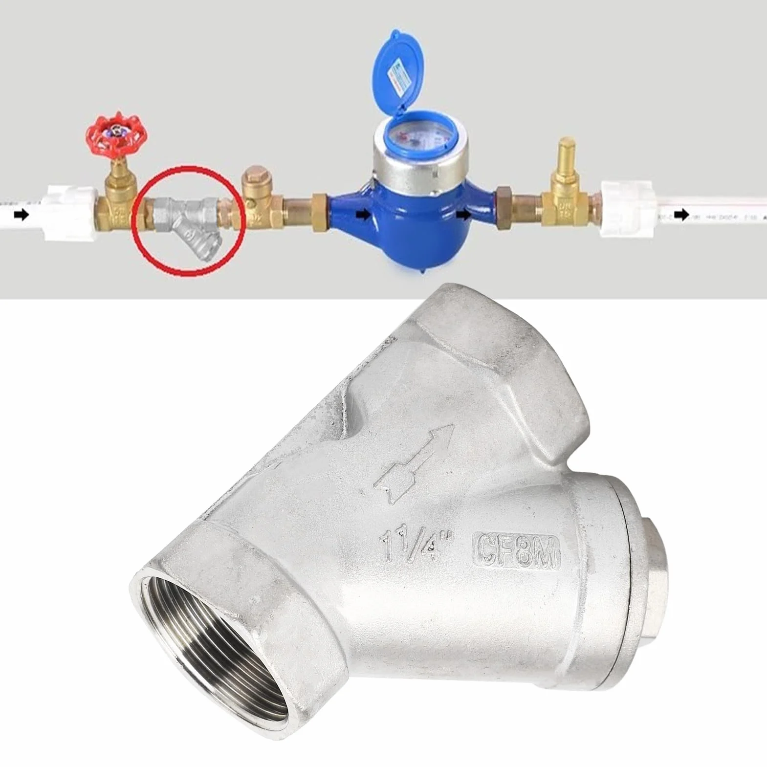 Filtro Tipo Y 1-1/4 Pulgadas DN32 Acero Inoxidable 304 Malla Doble Capa Válvula para Agua Petróleo Gas