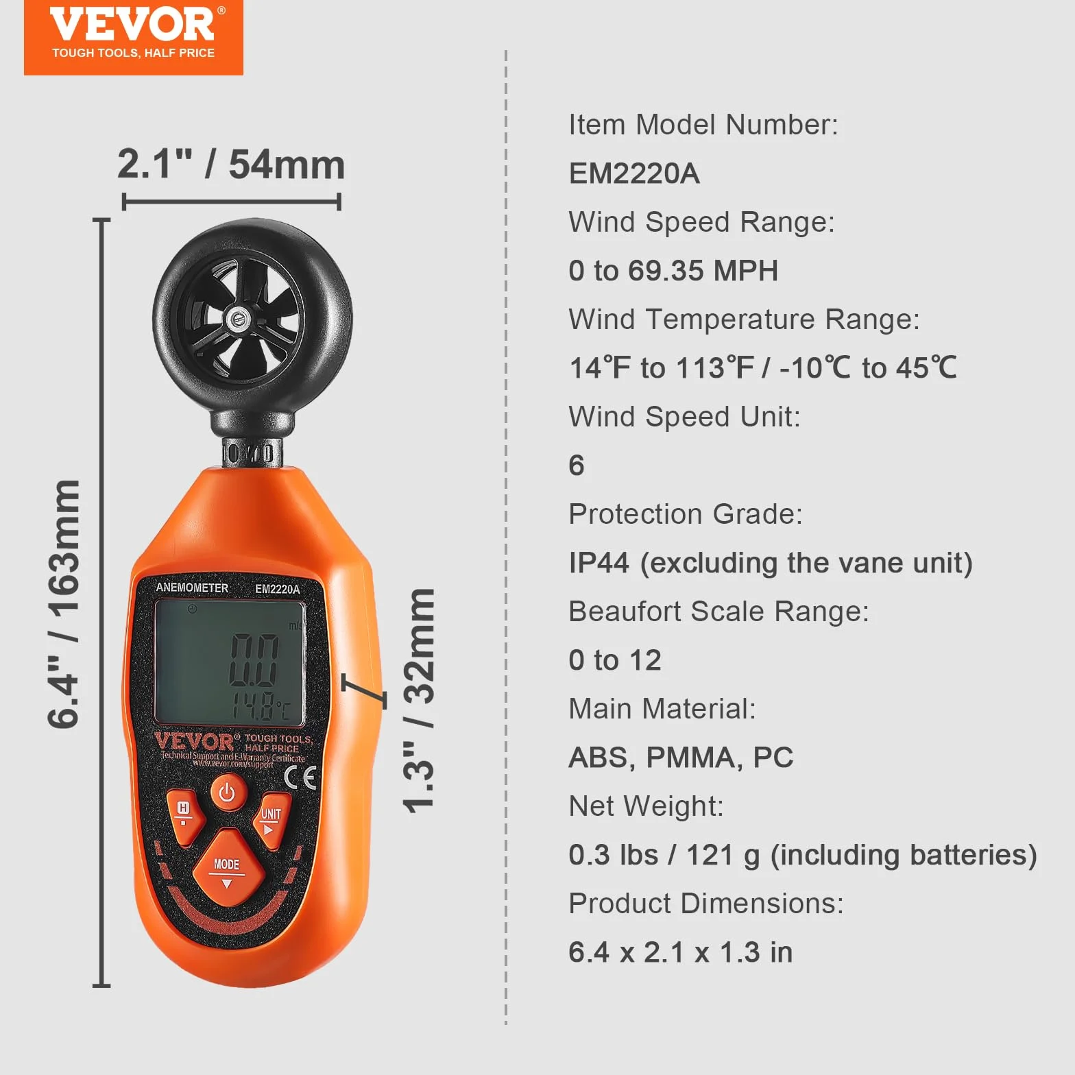 VEVOR Anemómetro Portátil Digital con Pantalla LED -10~45°C Medir Velocidad del Viento Temperatura