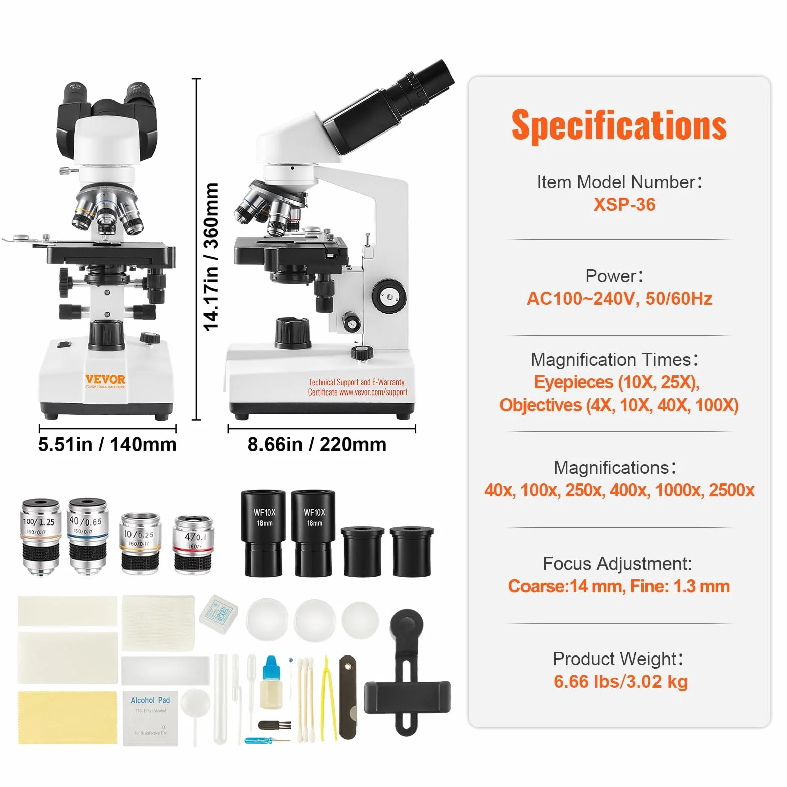 VEVOR Microscopio Compuesto Binocular 40X-2500X 6 Configuraciones Biológico Enfoque Grueso y Fino Etapa 2 Capas