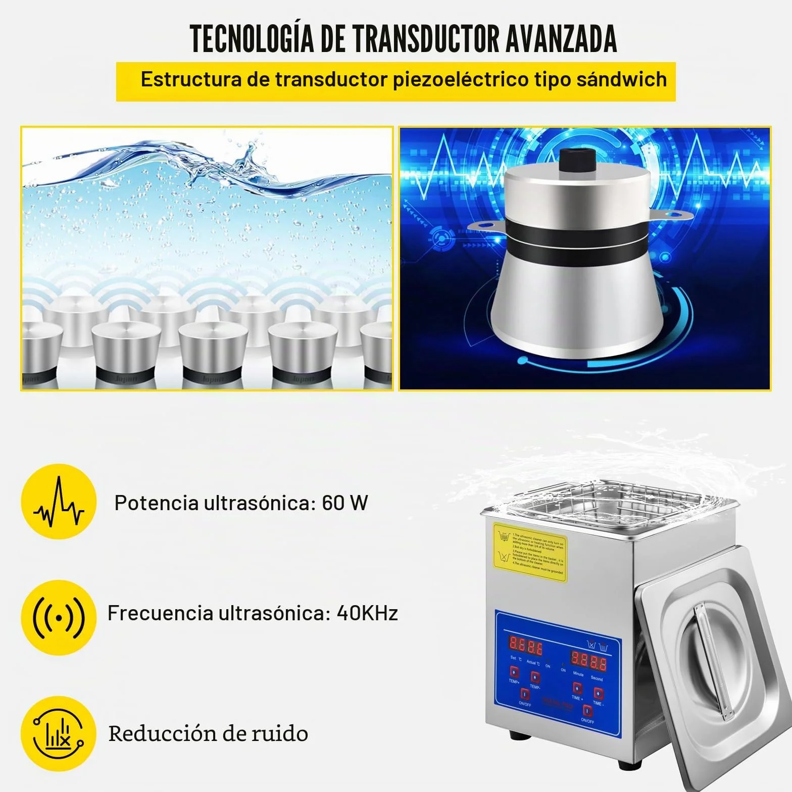 VEVOR Limpiador Ultrasónico 2L 60W Profesional Acero Inoxidable 40 kHz Pantalla LED para Joyas Reloj Gafas