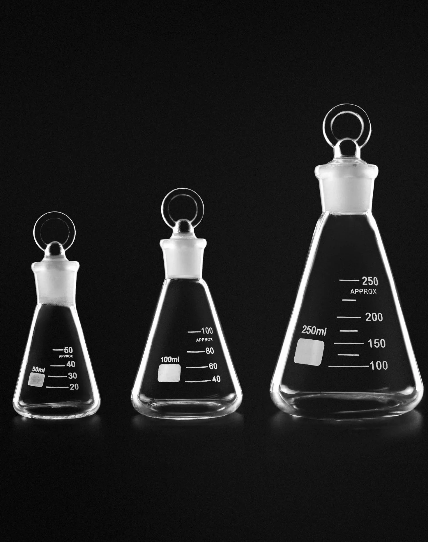 QWORK Conjunto de Matraz Erlenmeyer 250 ml 150 ml 50 ml Vidrio Borosilicato Tapón Cristal Laboratorio