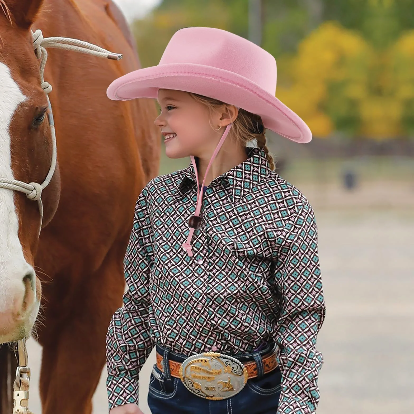 DRESHOW Sombrero Cowboy Niños Niñas Western Fedora Fieltro Hebilla de Cinturón Sombreros Retro Panamá con cordón de cuerda Unisex Enrollado Gorras para Niños 3-8 Años