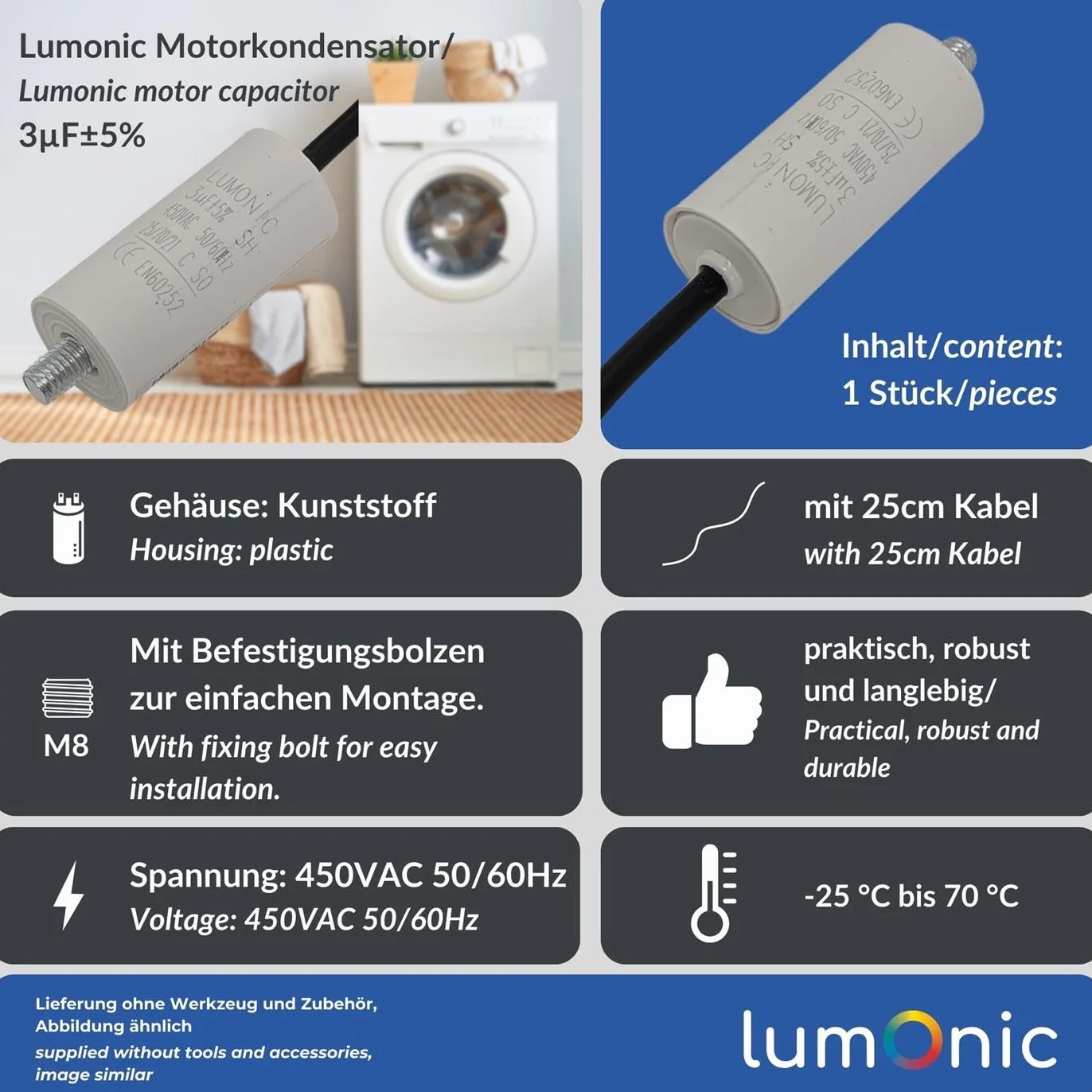 Lumonic Condensador de arranque 3µF 450V 26x55mm para bombas, cortacéspedes, herramientas