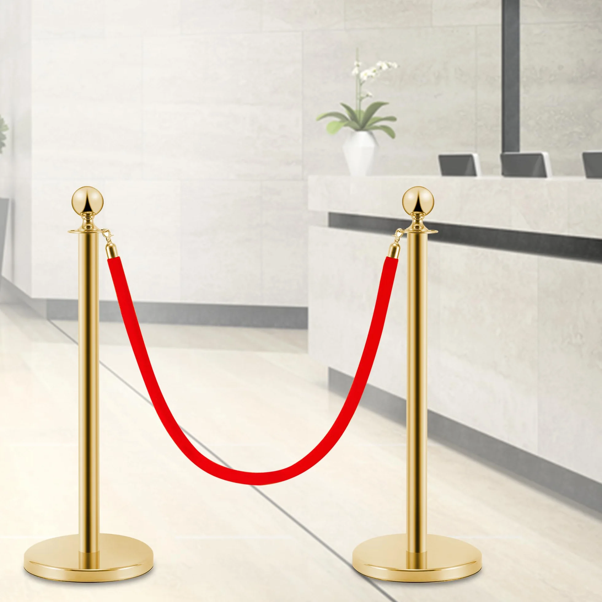 Postes Separadores de Acero Inoxidable Dorado 90 cm, 2 Piezas, con Cuerda de Terciopelo Rojo 1,5 m, Control de Multitudes