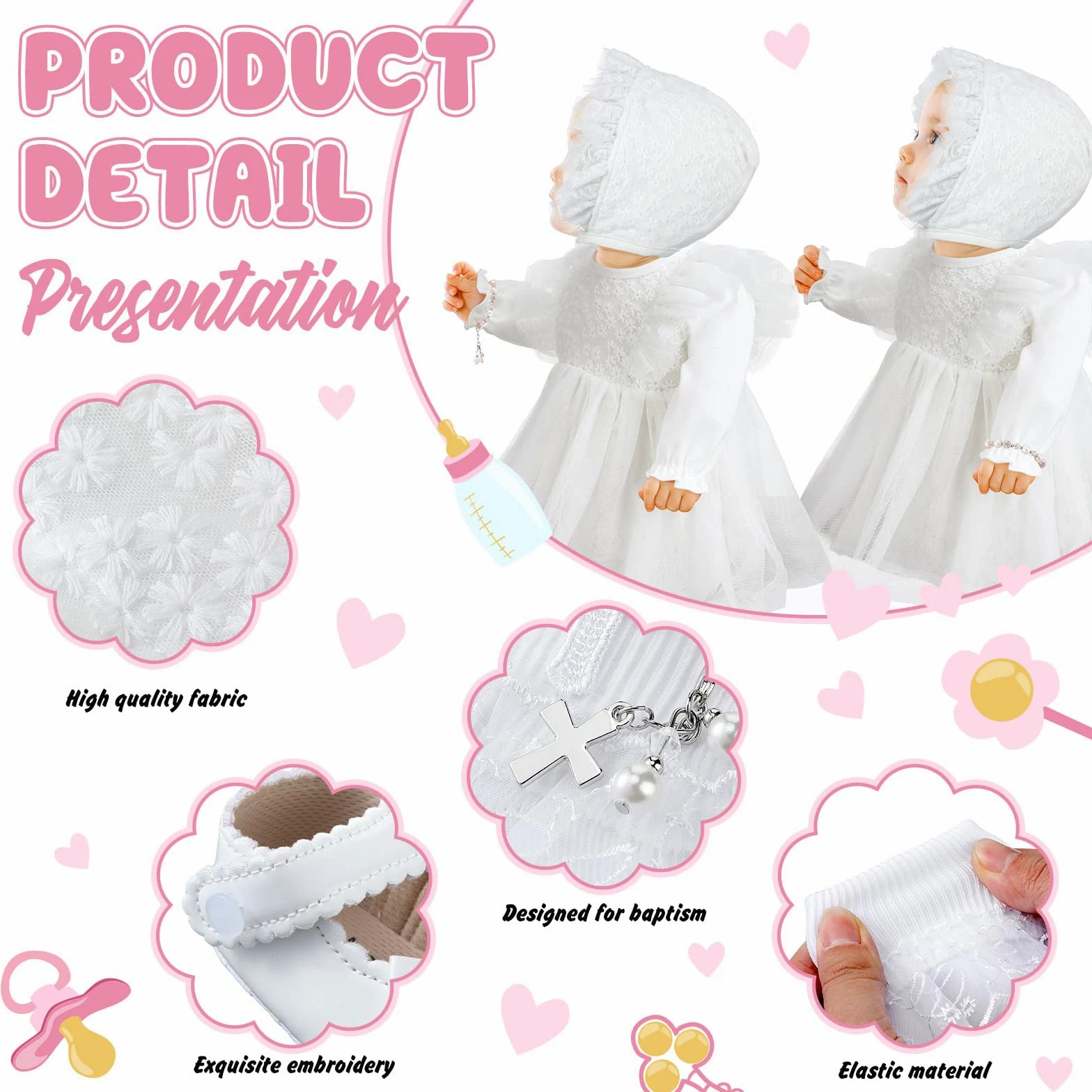 Juego de 5 piezas de vestido de bautizo para niña, incluye vestidos de bautizo, sombrero, cruz, pulsera, calcetines, zapatos