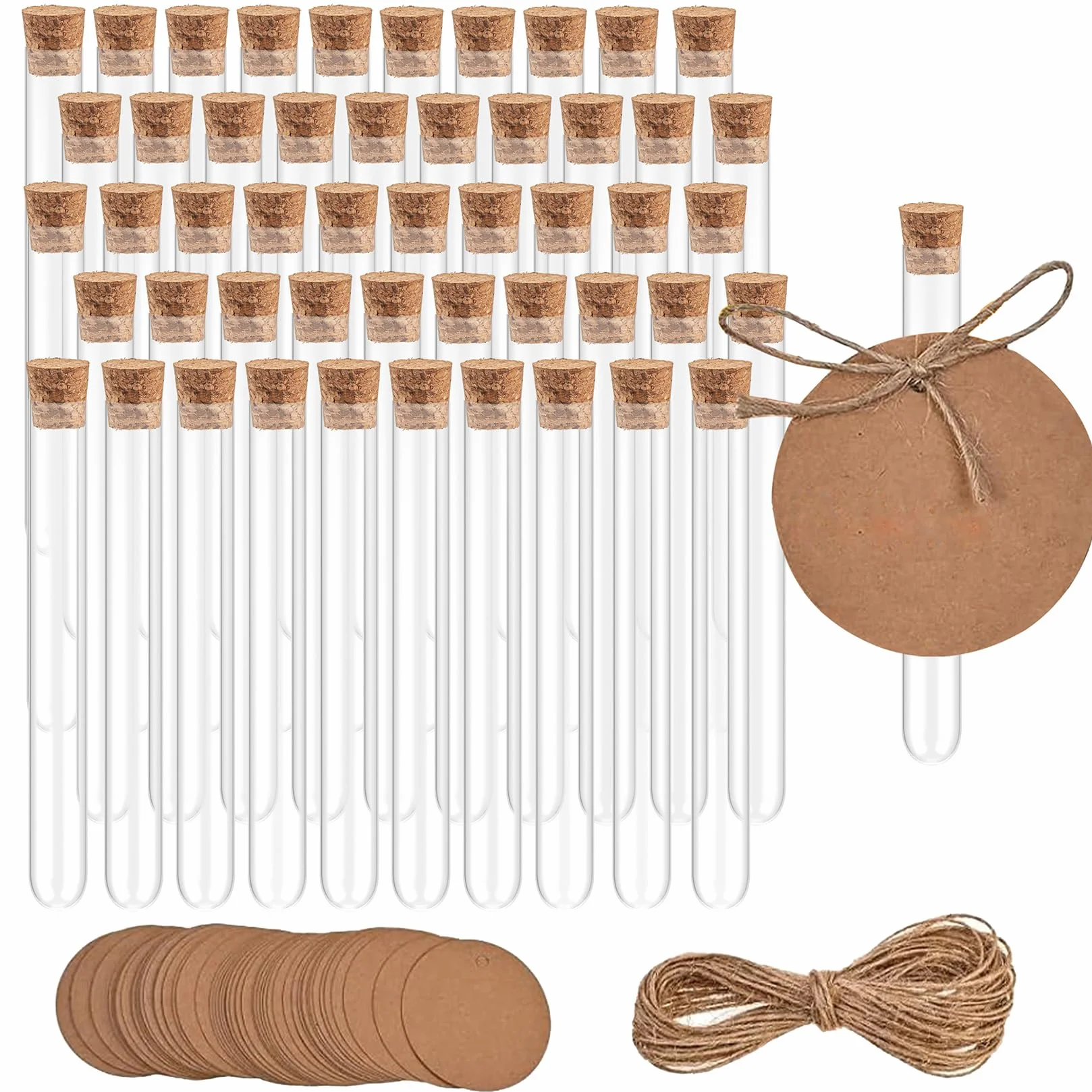 Tubos de Ensayo Plastico Transparente 13x78 mm 6ml con Tapones de Corcho y Cuerda de Cáñamo 50 Pcs