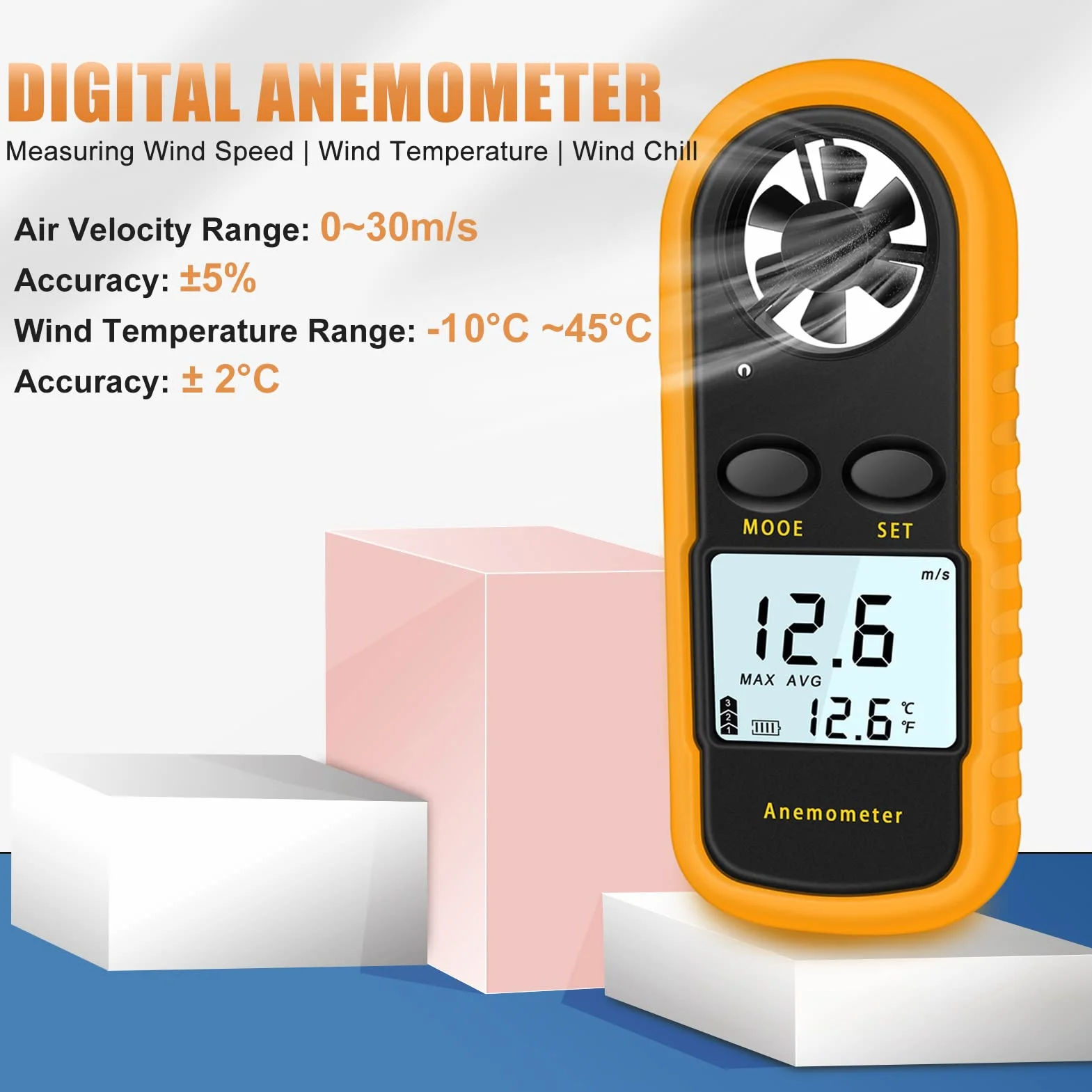 Anemómetro Portátil Digital, Medidor de Velocidad del Viento con Retroiluminación LCD, Modo MAX/Promedio/Actual