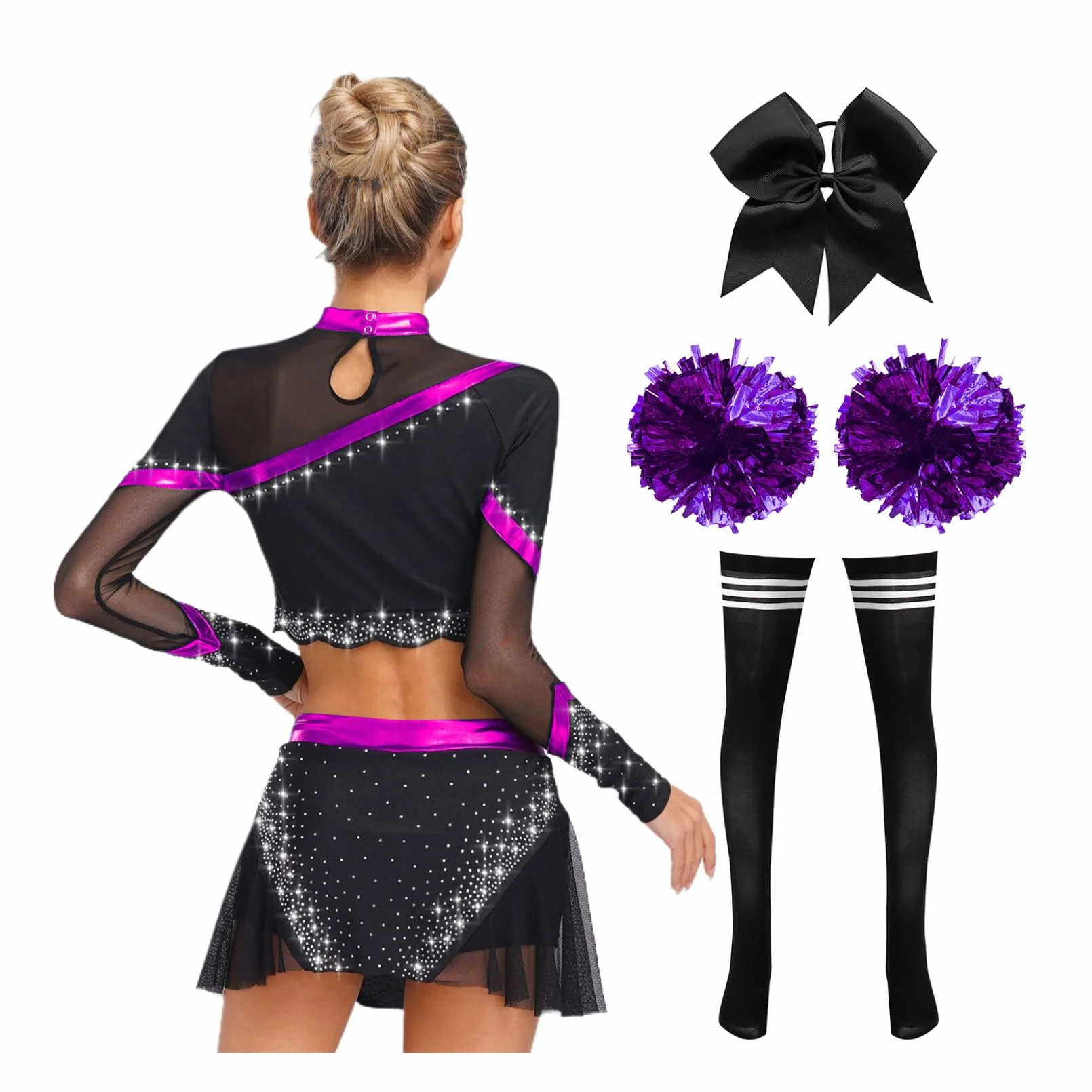 Trajes de porristas para adultos, juego de piezas de diamantes de imitación brillantes, uniforme de animadoras, tubo largo, medias de baile