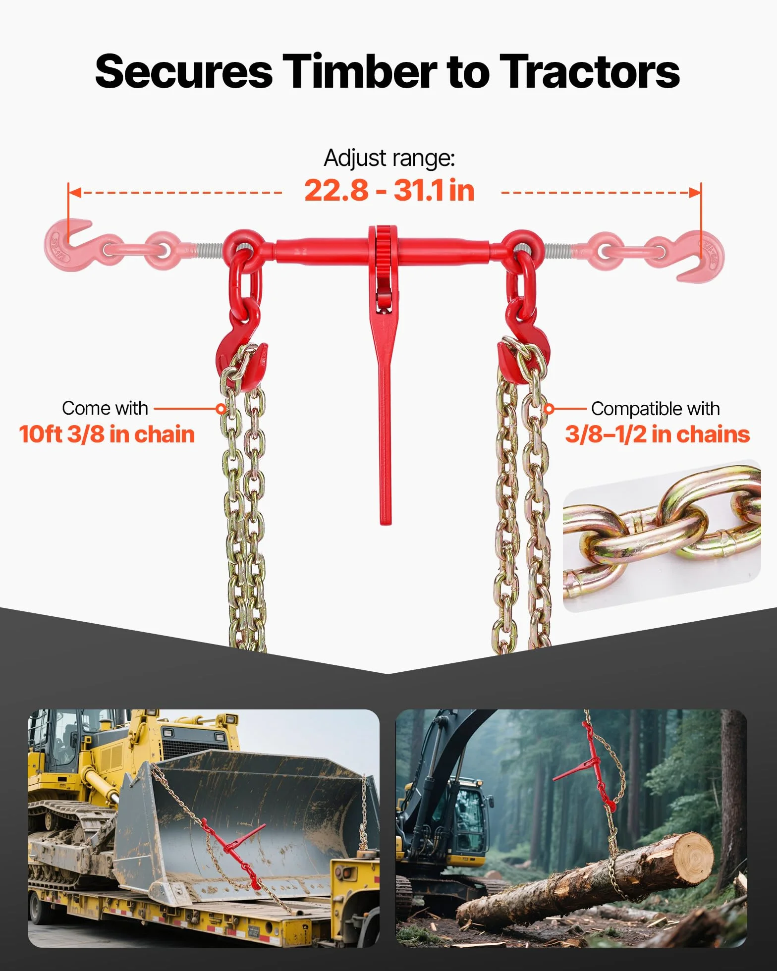 VEVOR Tensor de Trinquete con Cadenas G80 10mm x 3m Kit 8 Piezas Carga de Trabajo 4173 kg