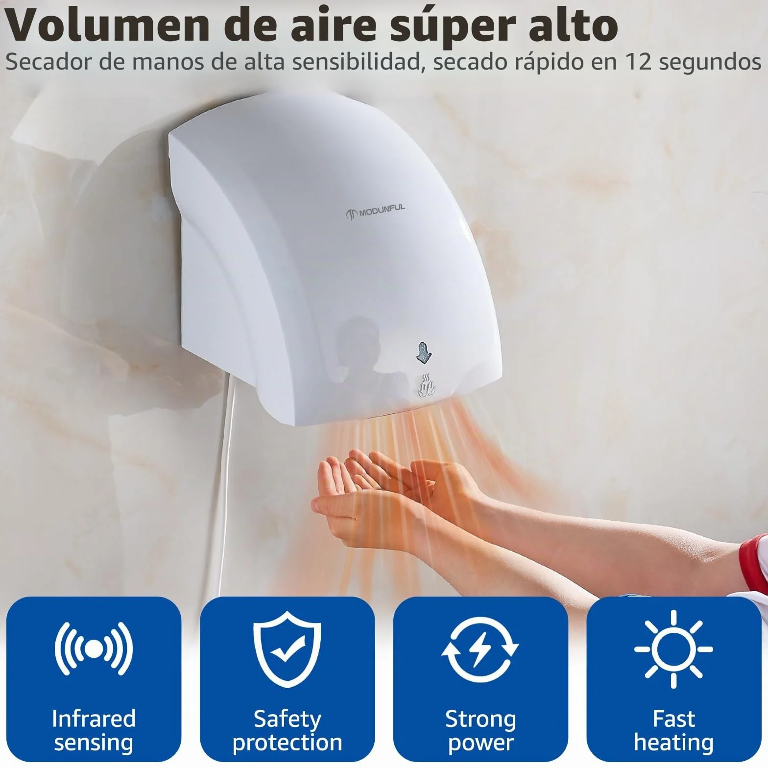 Secamanos Automático de Pared 220V 2000W Blanco con Luz Piloto