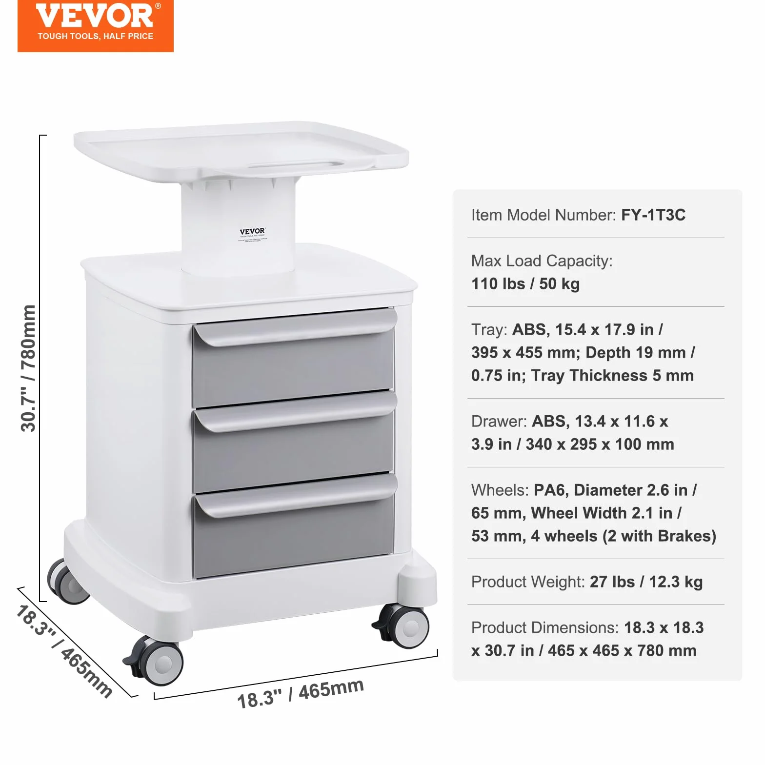 VEVOR Carro Médico 4 Niveles con 3 Cajones, Bandeja Superior, Ruedas Silenciosas, ABS, Blanco