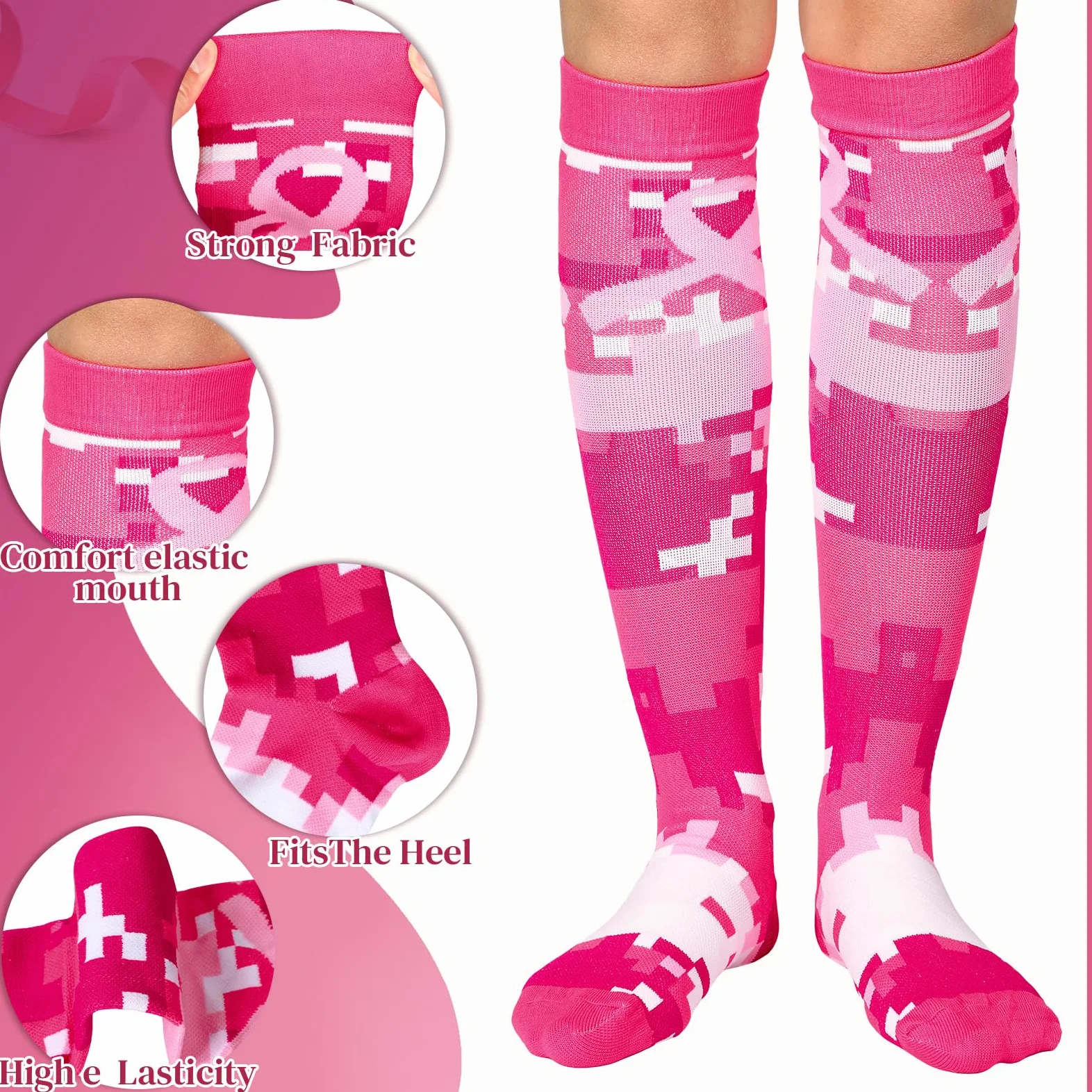 Xtinmee 36 pares de calcetines de compresión de camuflaje para el cáncer de mama con cinta rosa, calcetines atléticos sobre la pantorrilla, calcetines de fútbol para enfermeras, mujeres, correr,