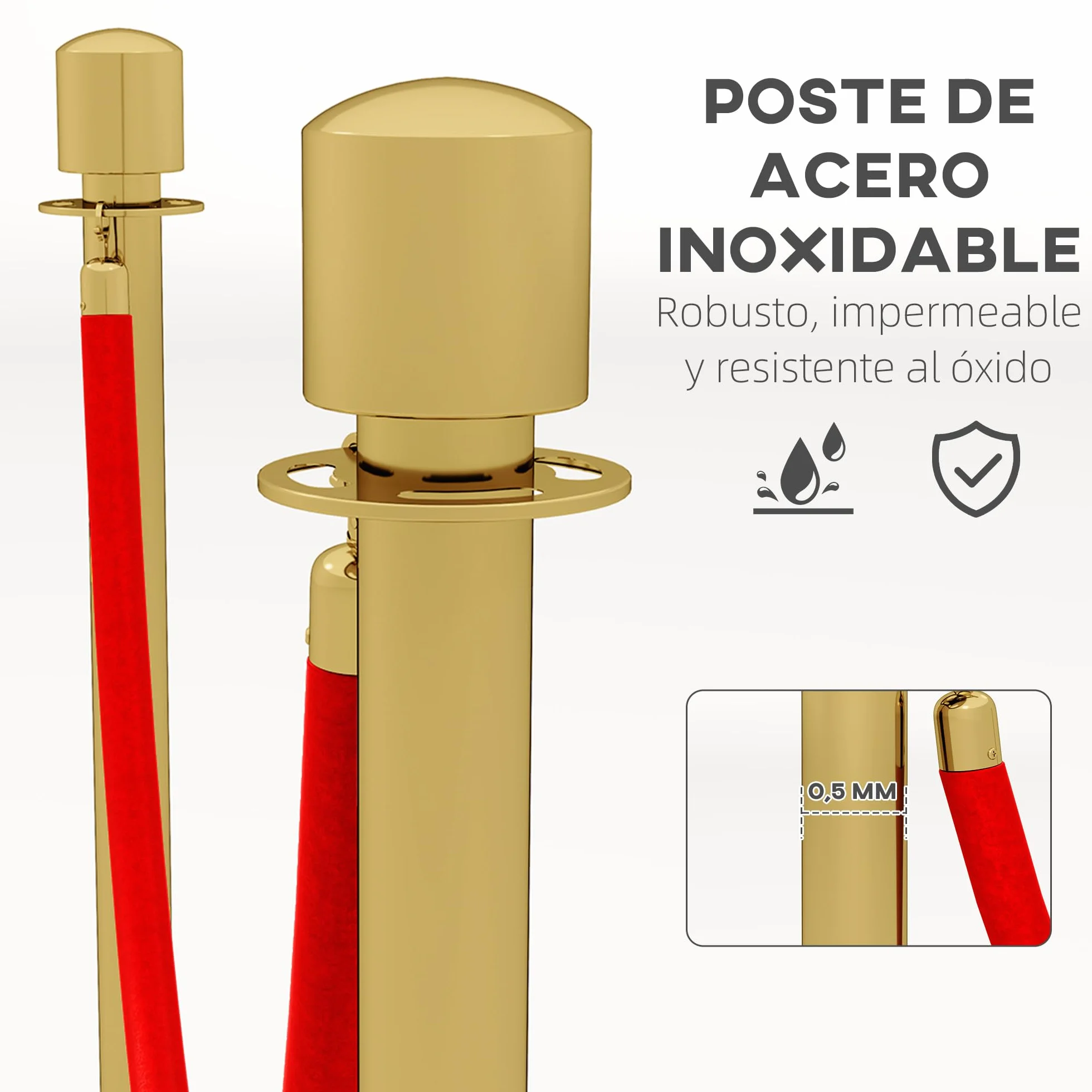 HOMCOM Juego de 2 Postes Separadores de Acero Inoxidable, Barreras de Seguridad con Cuerda de Terciopelo Roja 1,5 m y Base Rellenable de Agua, Dorado