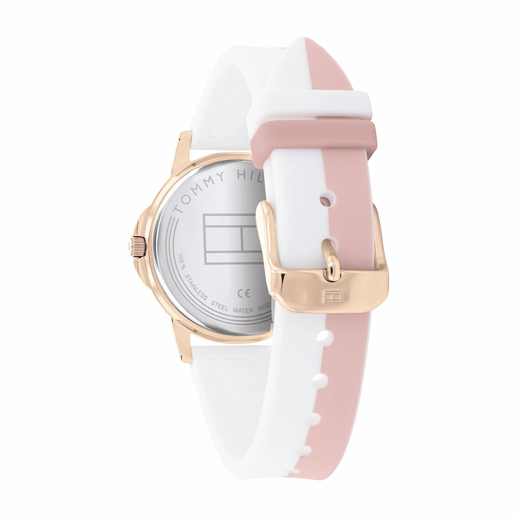 Tommy Hilfiger Reloj para Niña con Esfera Plateada, Correa de Silicona Blanca y Rosa, Caja de Oro Rosa de 32mm, Movimiento de Cuarzo de 3 Manecillas, Resistente al Agua 3 ATM - 1720015