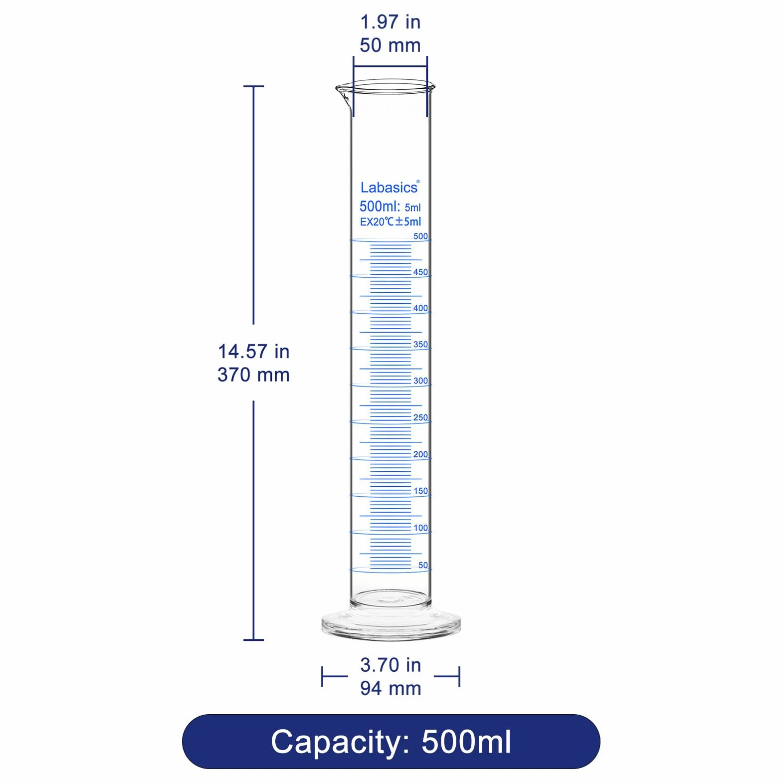 Cilindro Graduado de Vidrio de Borosilicato 500 ml, Medidor de Laboratorio Resistente