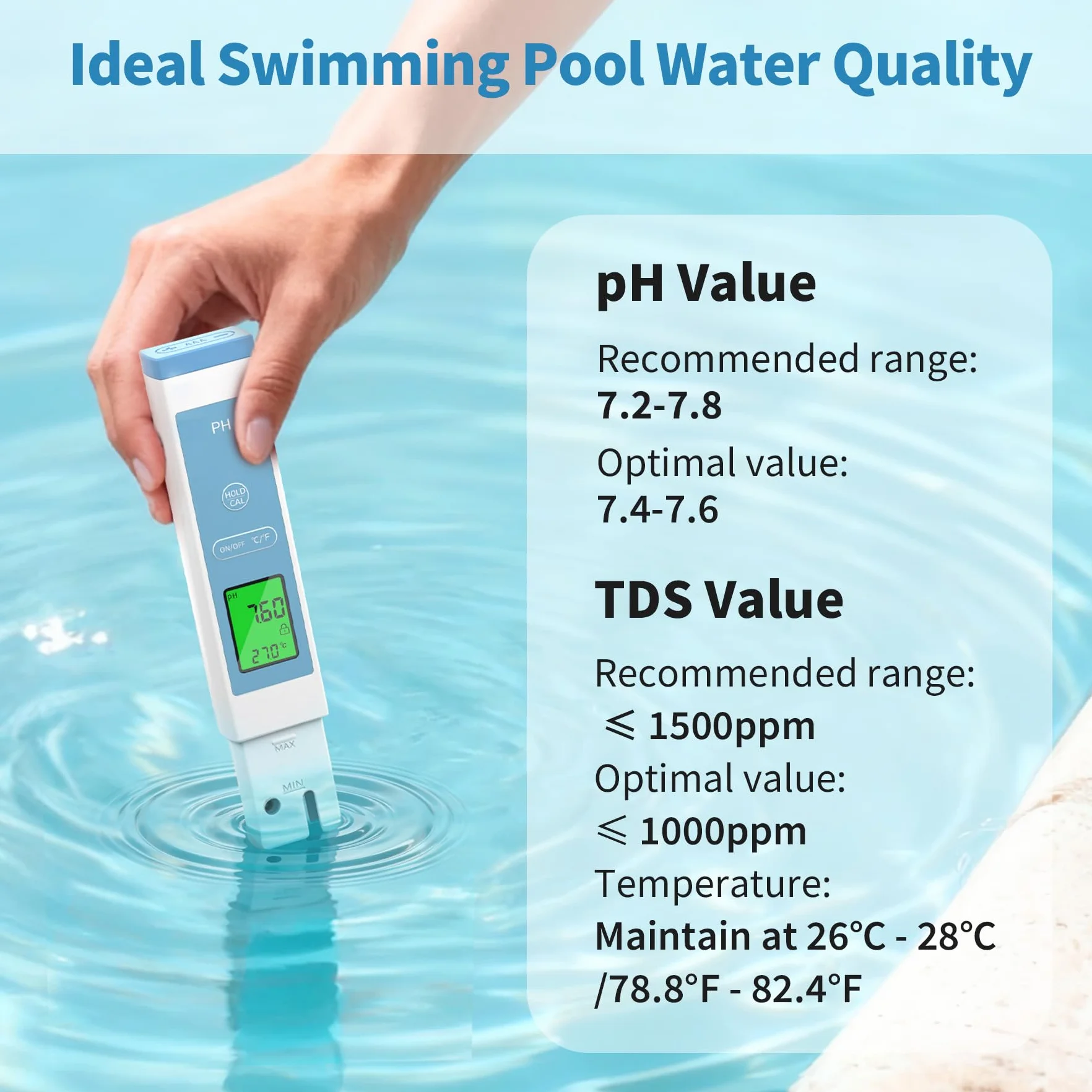 Forever Speed Medidor de pH Agua 4 en 1 pH Meter pH/TDS/EC/Temperatura para Piscina SPA Acuario