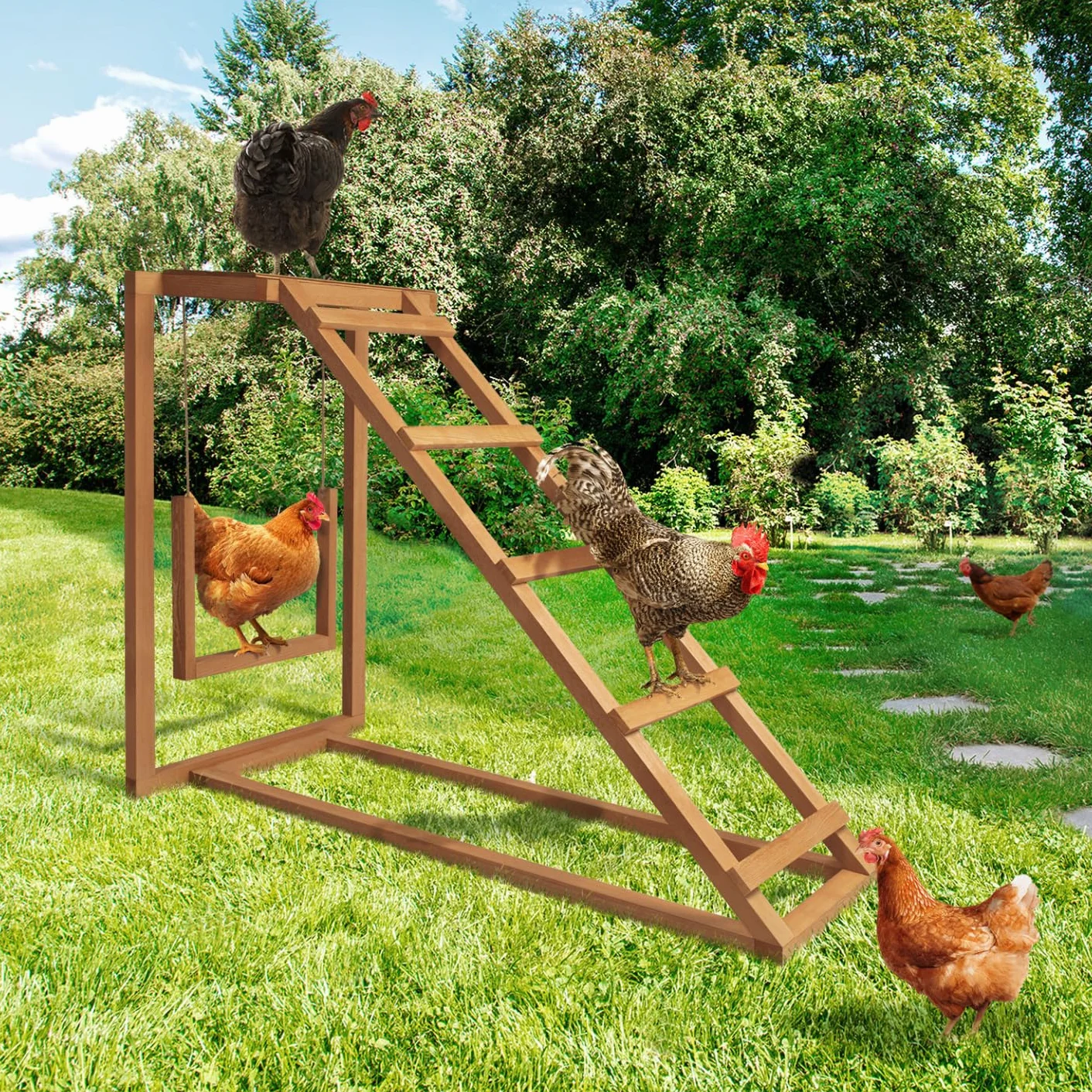 Área de Juegos de Madera para Gallinas con columpio y percha