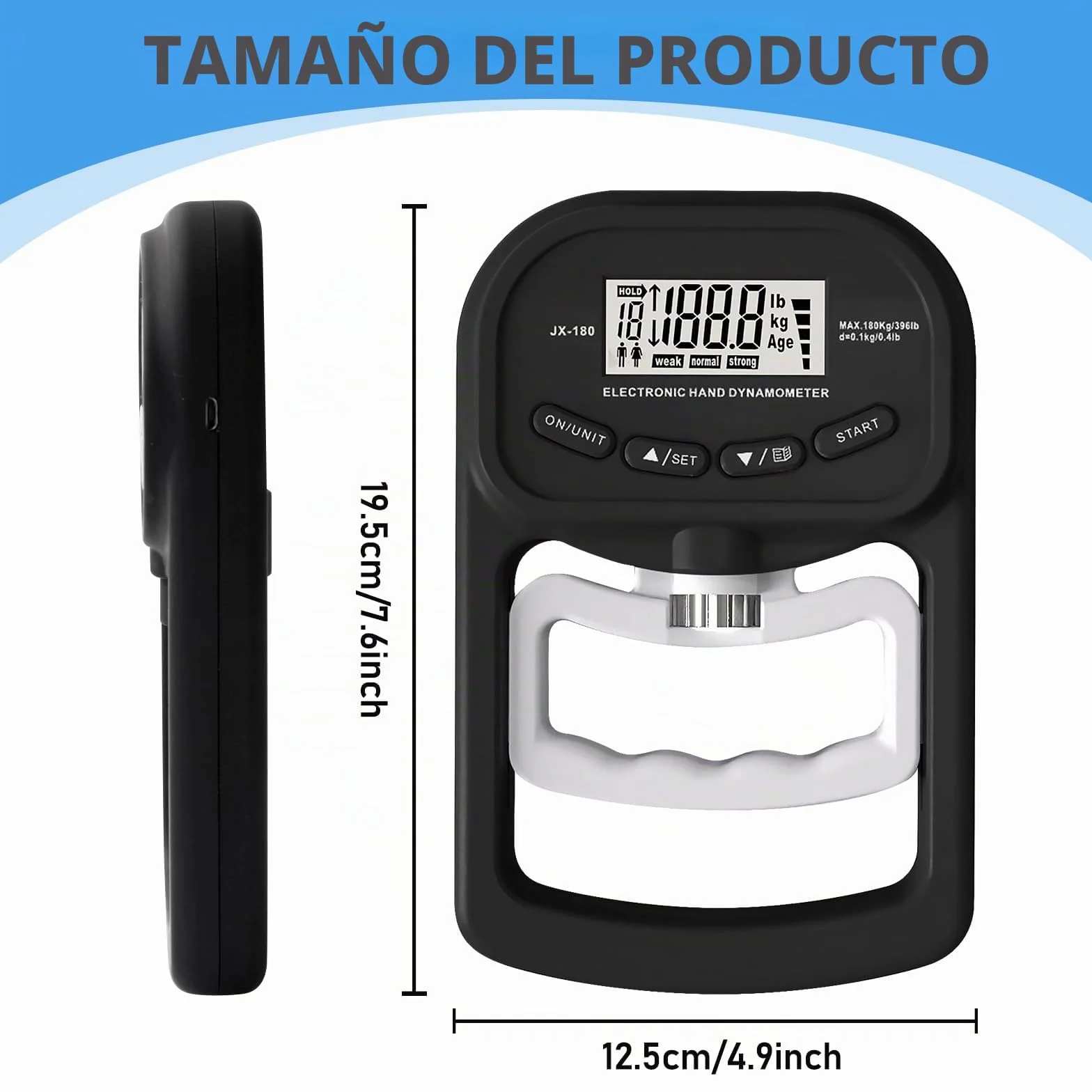 Medidor digital de fuerza de mano 90 kg / 198 lb dinamómetro con pantalla LED USB