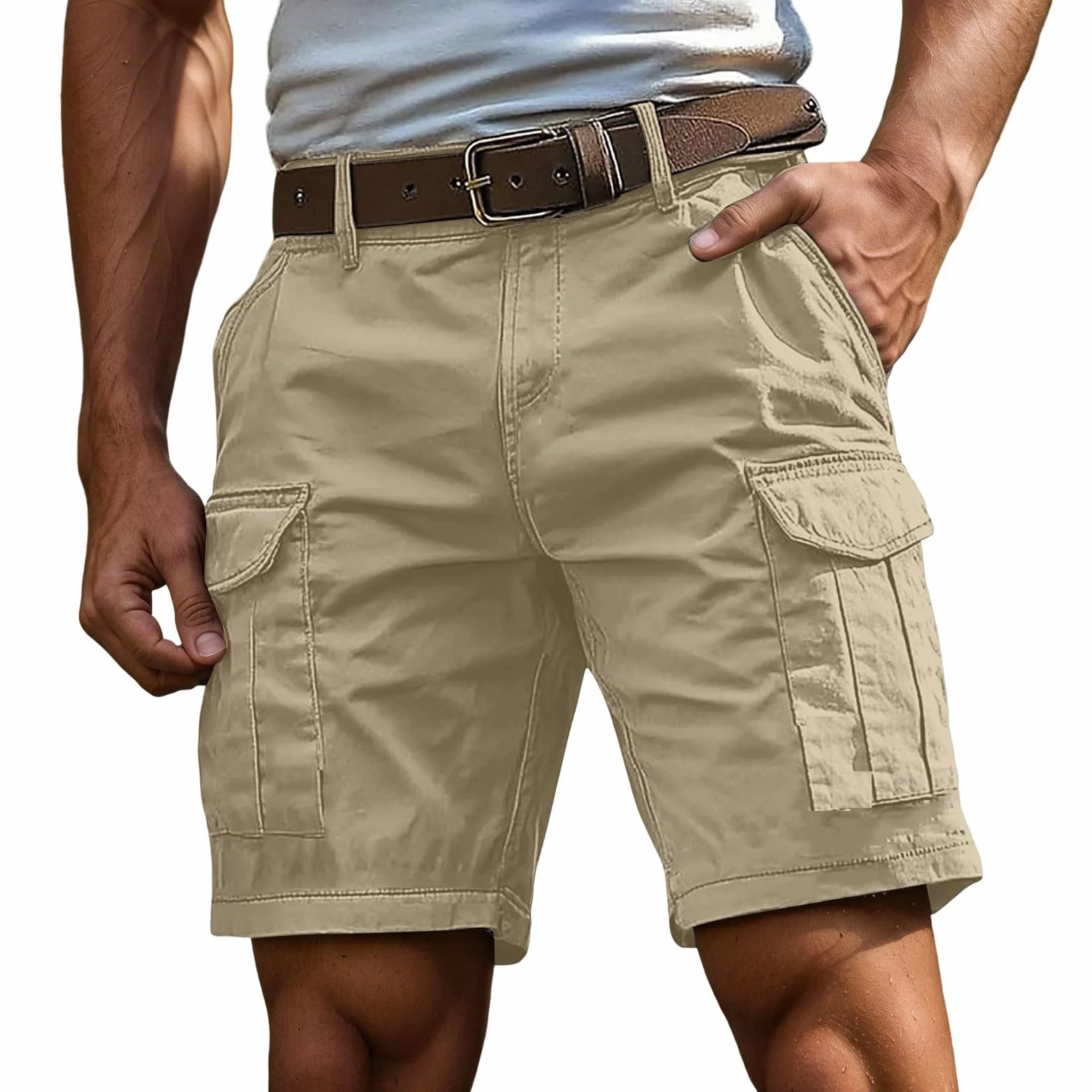 Generisch Pantalones cortos cargo para hombre, pantalones cargo bermudas y trabajo con botón de cremallera, más bolsillos, pantalones cortos deportivos para exteriores, verano, monocolor, clásicos