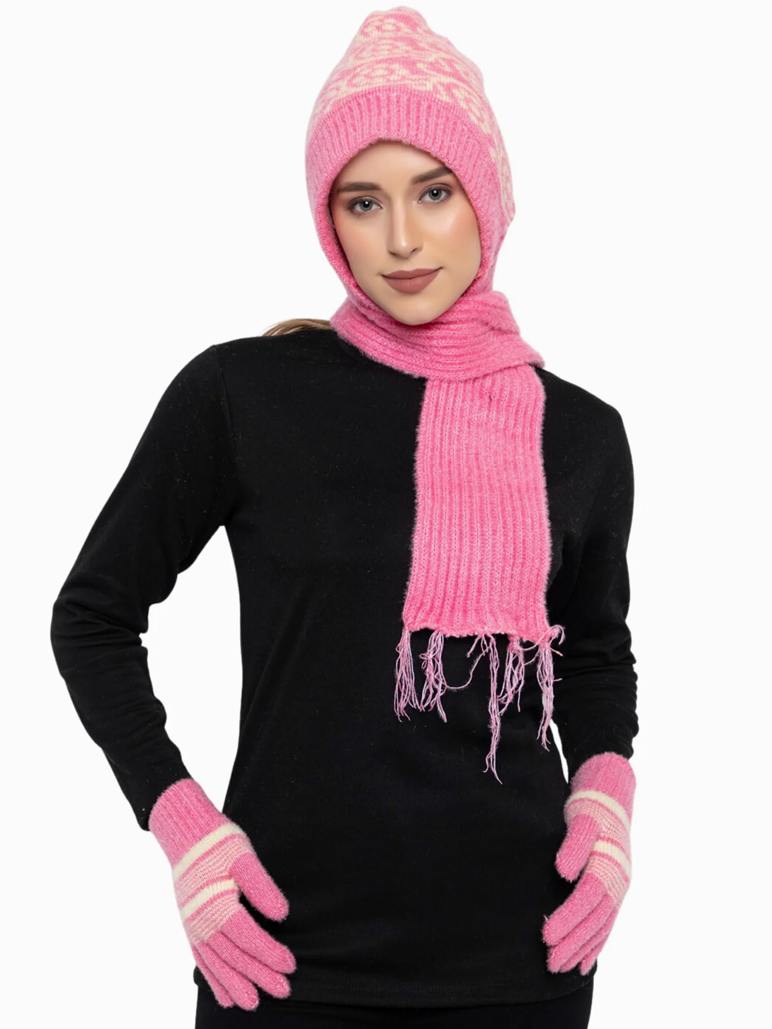 AMOLDO Conjunto combinado de gorro de lana de invierno para mujer con silenciador/scraf y guantes (gorra de diseño)