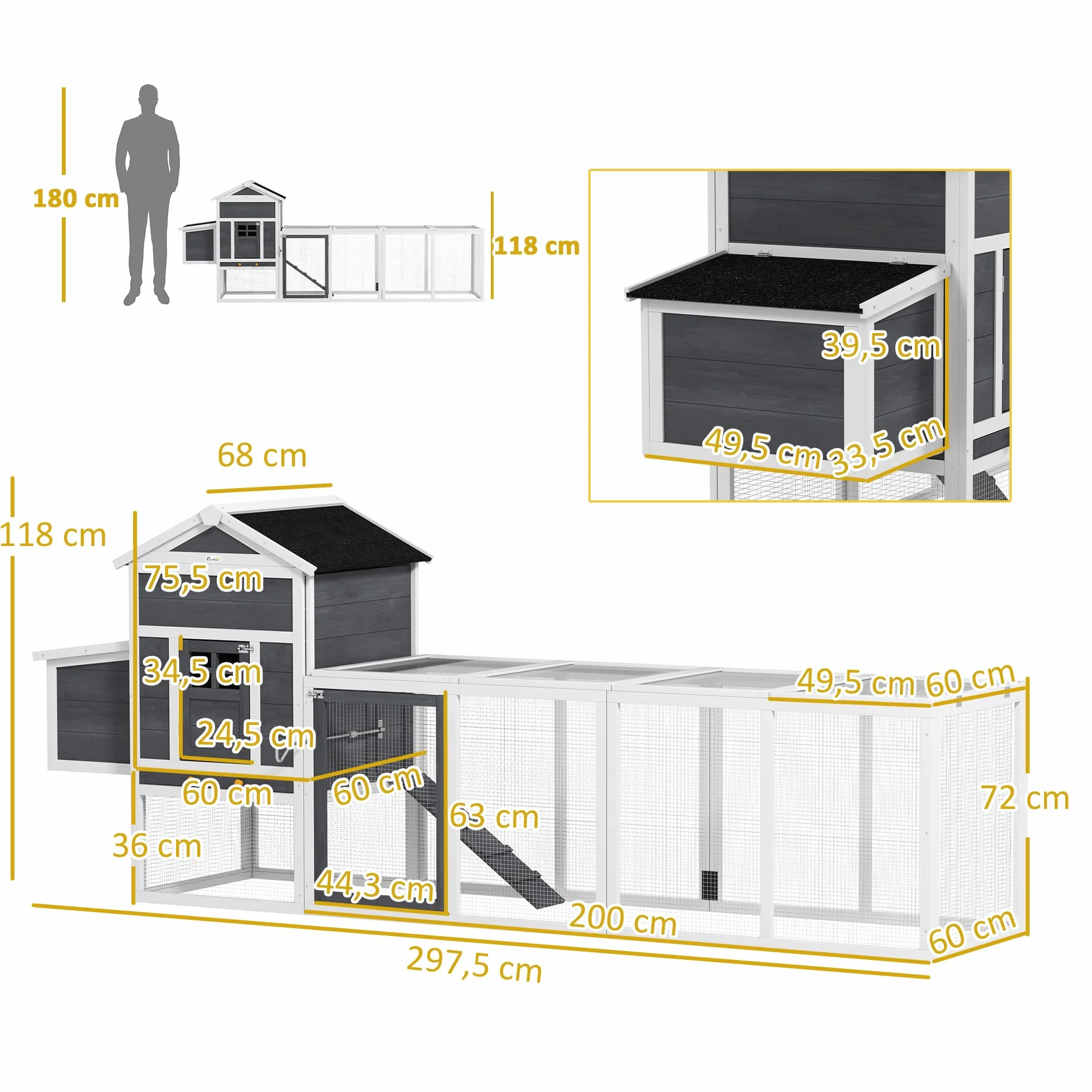 PawHut Gallinero Exterior Madera Grande 297,5x68x118 cm para 3-6 Gallinas con Nido Corral Bandeja Extraíble Techo Asfáltico Gris Blanco