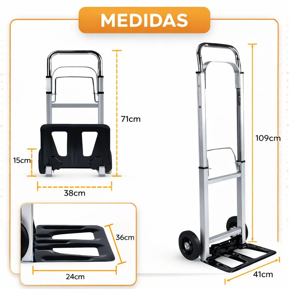 Carretilla de Mano Plegable con Ruedas, Carro de Carga Portátil, Hasta 100kg