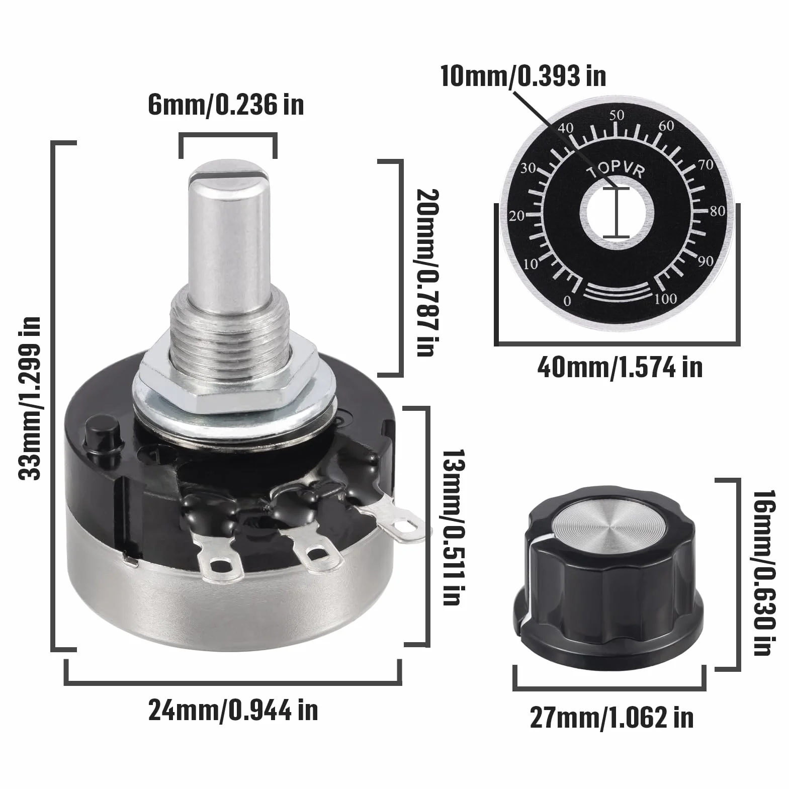 RV24YN20S 10K Ohm Potenciómetro Rotativo Cónico B103 Potenciometro de Película de Carbono de Giro Único 10K Ohmios Potenciometros Rotatorio Single Turn con Perilla A03 y Dial