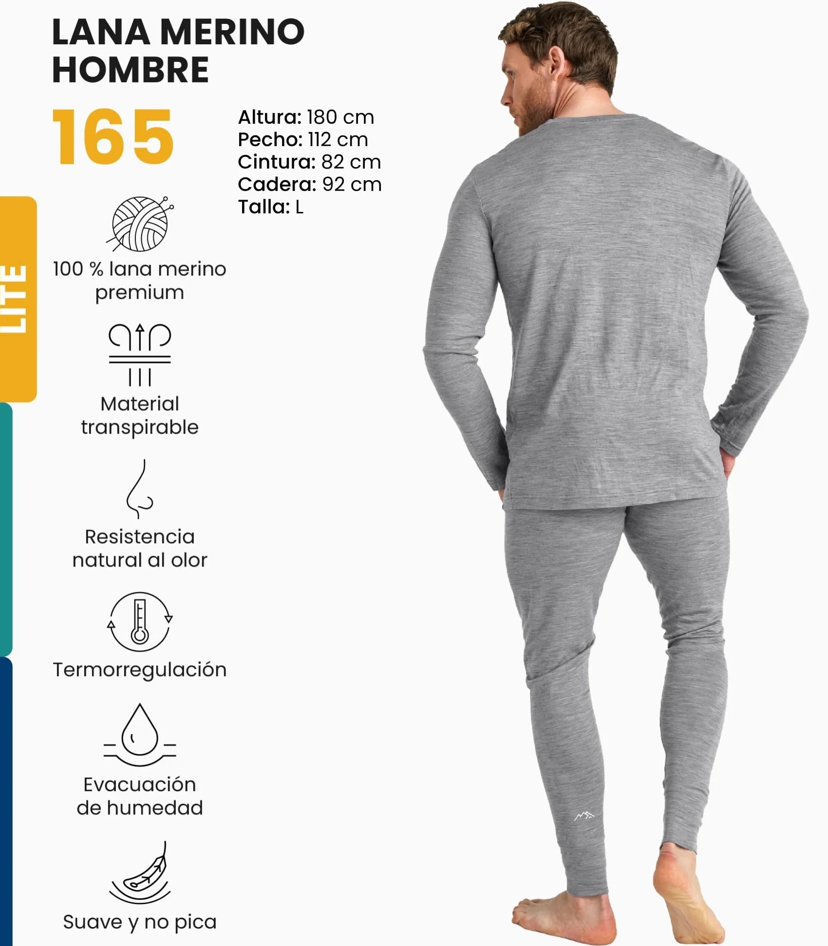 Merino.tech Conjunto Lana Merino Hombre - 100% Lana Merino con Calcetines (Medium, Lite 165 Heathered Grey)