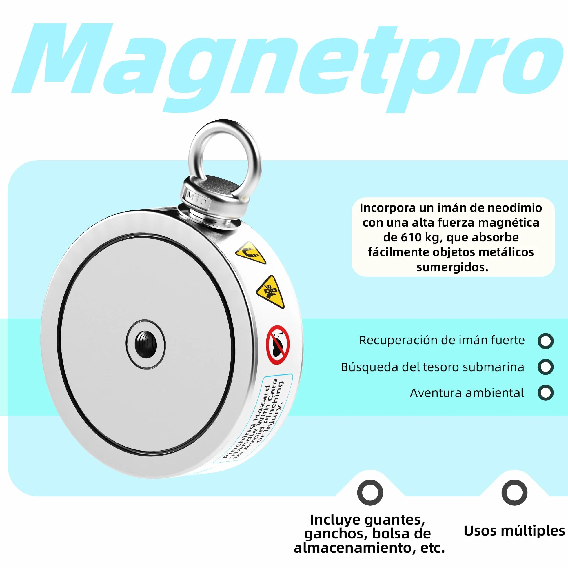Magnetpro Juego de Imanes de Recuperación 1220 kg, Imán de Pesca Doble Cara, Neodimio, Cuerda 20m, Mosquetón, Guantes, Gancho, Bolsa