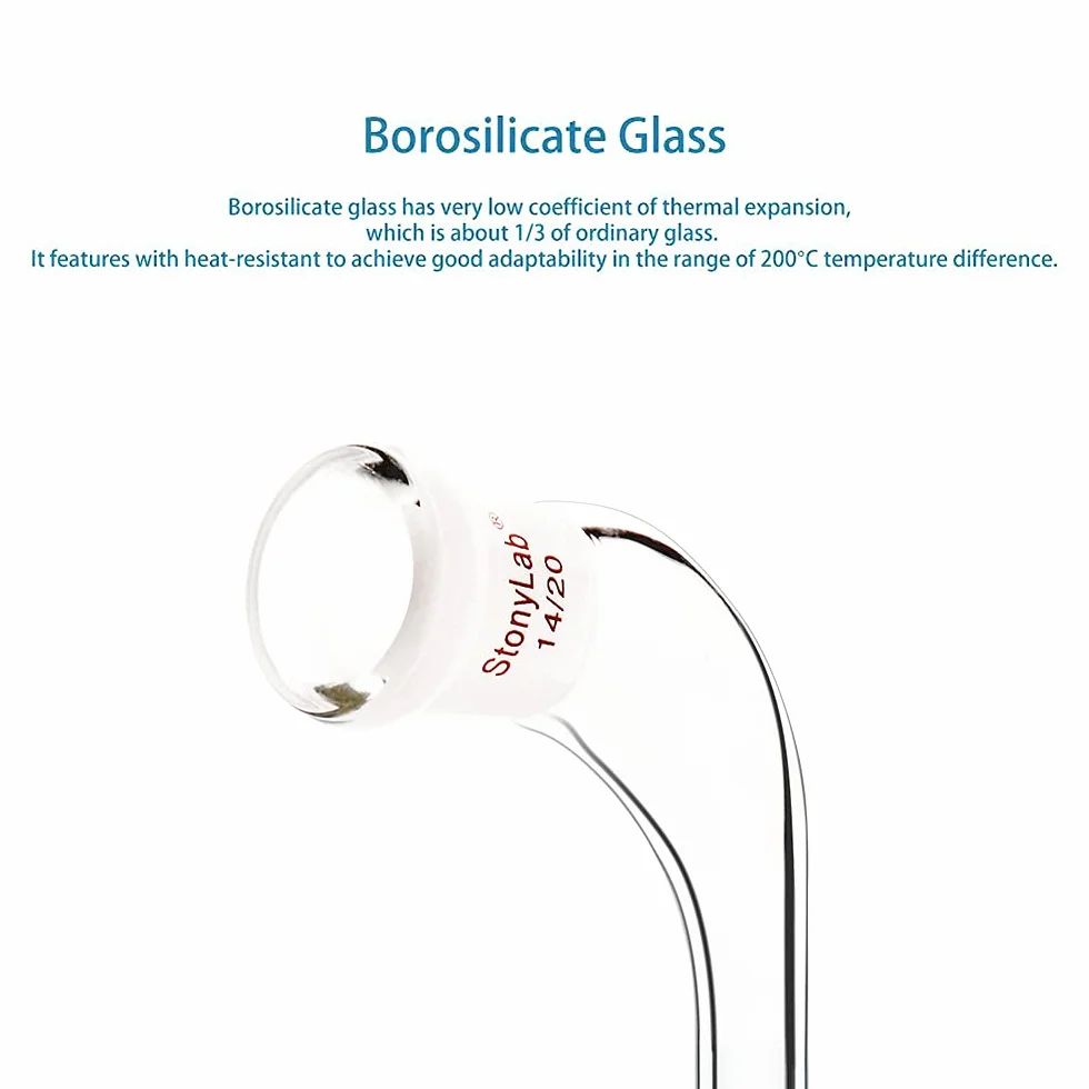 Adaptador de Destilación en Ángulo de 105 Grados, Vidrio de Borosilicato con Junta 14/20 y Tubo de Goteo de 100mm