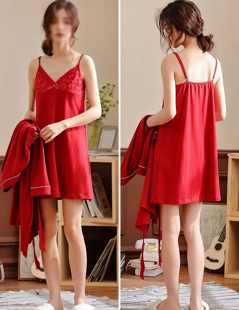 Conjuntos de Pijama de Mujer de otoño Camisones Rojos Ropa de Dormir Femenina Trajes de pantalón de Pijama Ropa de Noche de algodón para Mujer (Color : Red, Size : XL Code) (Red 3XL Code)