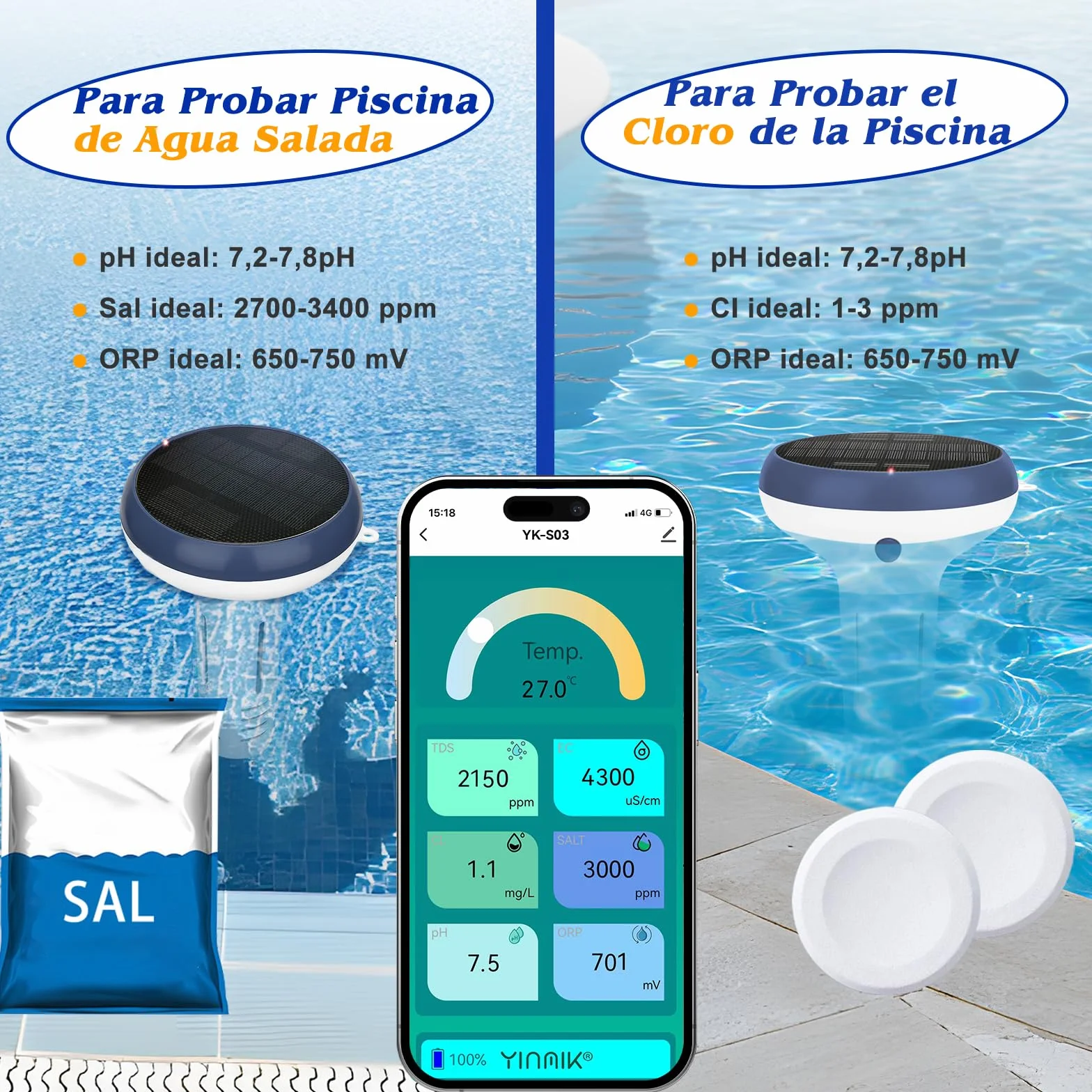 Medidor Cloro y pH Piscinas WiFi, Analizador Inteligente 7 en 1 Agua Piscina Salina, Mide pH, Cloro Residual, Sal, ORP, EC TDS, Temp con Carga Solar