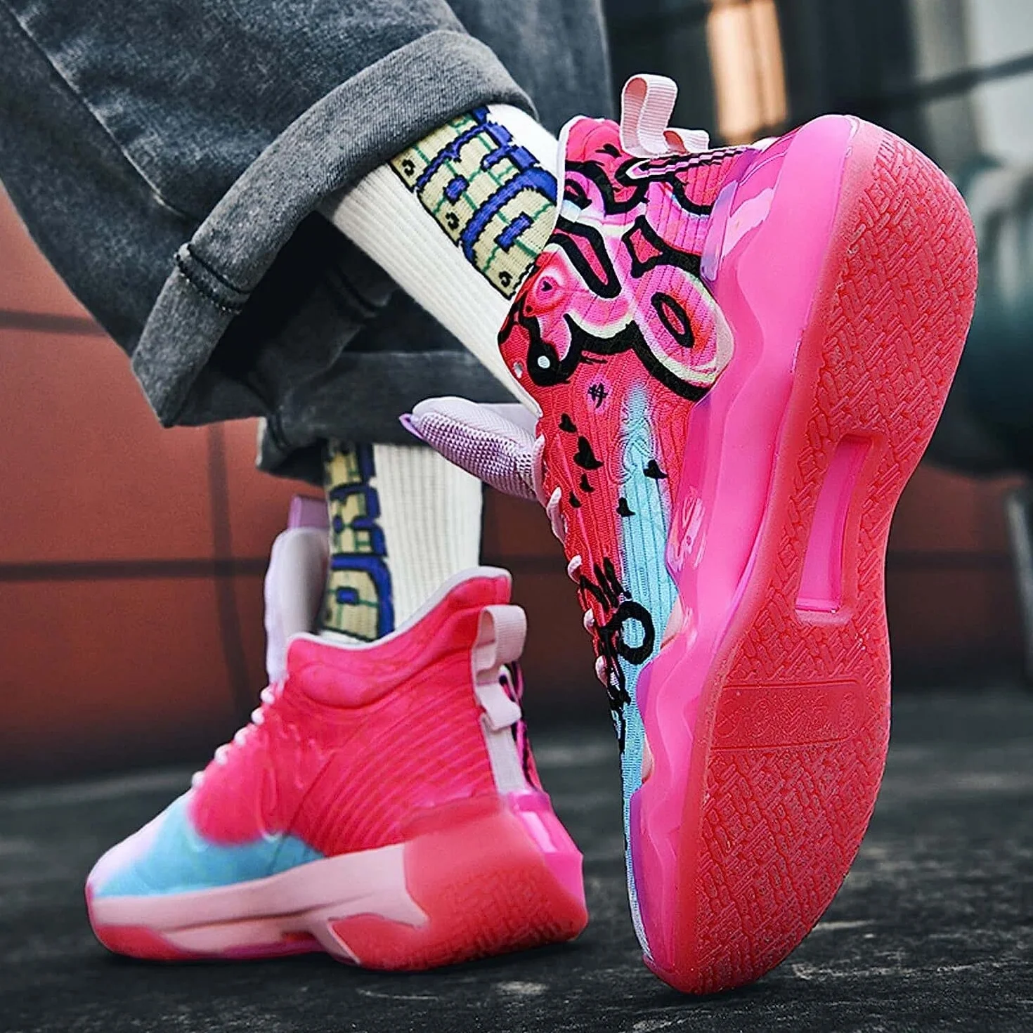 Bolognifi Zapatos de Baloncesto Fluorescentes Ligeros para Hombres Mujeres Rosa