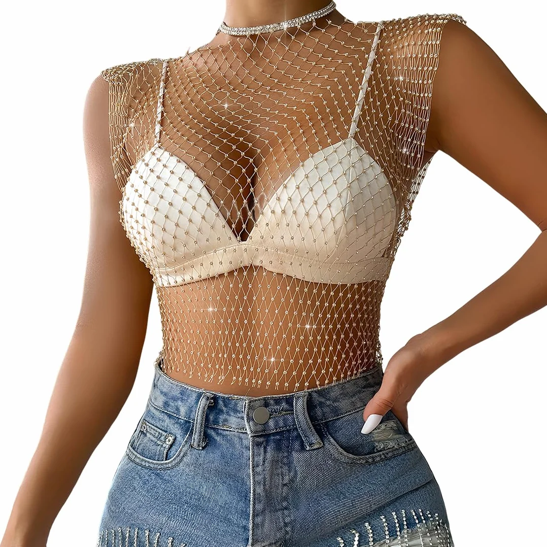 Rhinestone brillante malla cuerpo cadena tops para mujeres brillante bikini crop top para discoteca fiesta festival(Blanco, M)