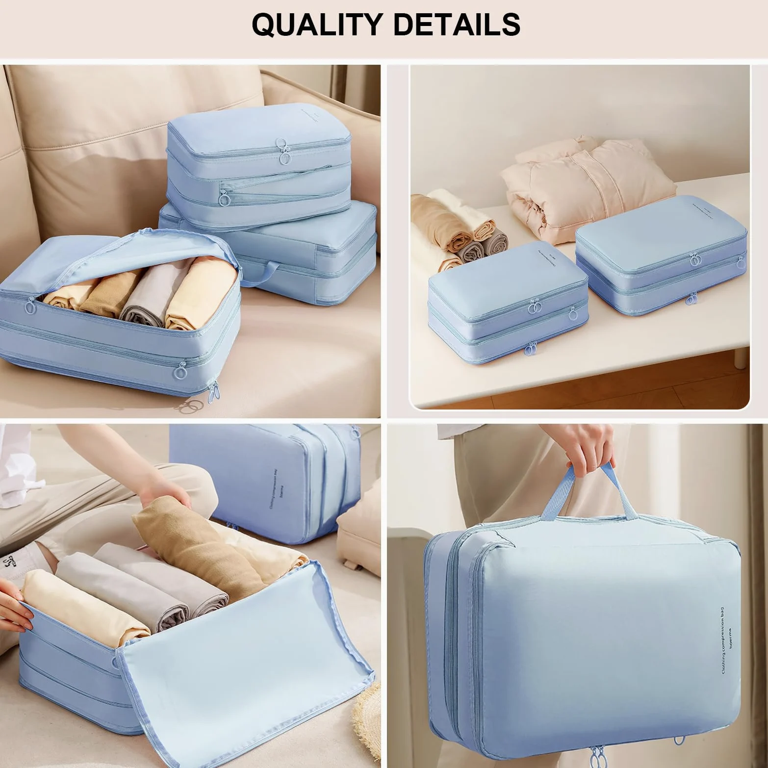 Cubos de embalaje de compresión de doble capa para viajes, bolsas organizadoras de equipaje comprimibles para maleta, bolsa de embalaje, accesorios de viaje, azul, L