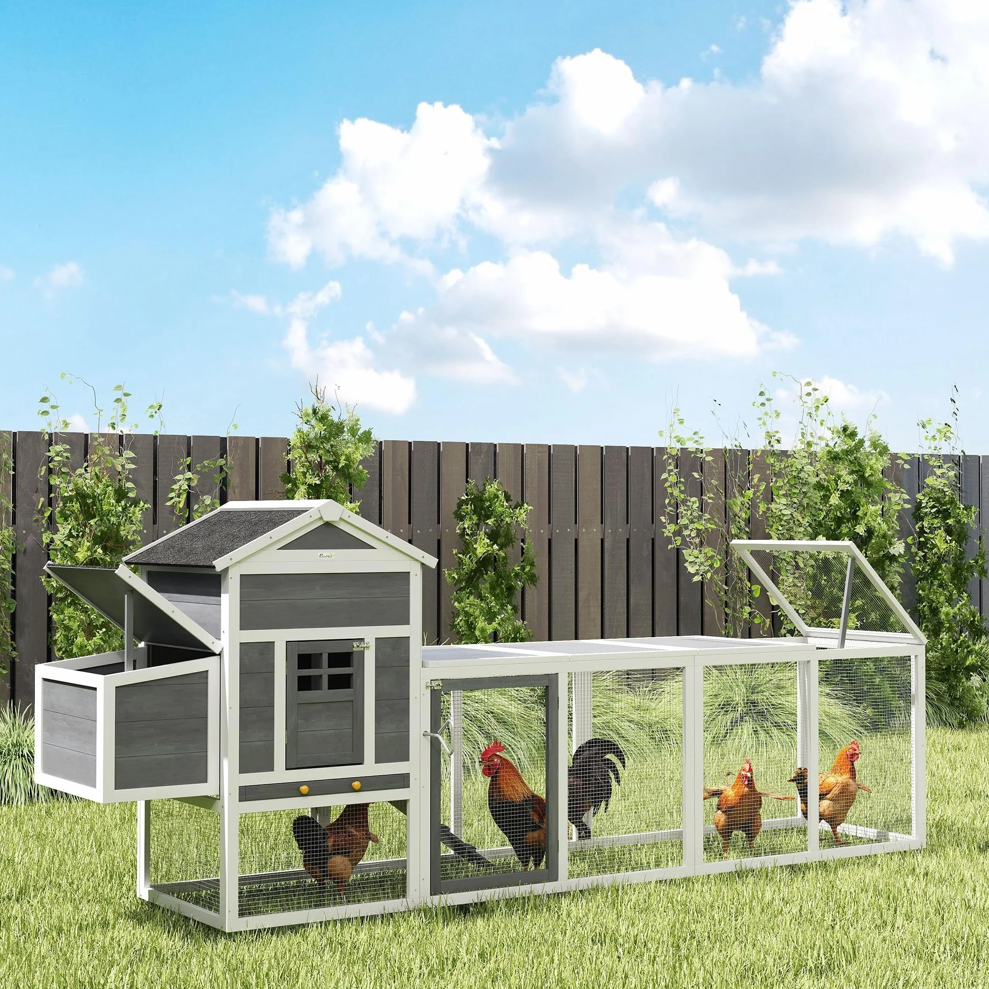 PawHut Gallinero Exterior Madera Grande 297,5x68x118 cm para 3-6 Gallinas con Nido Corral Bandeja Extraíble Techo Asfáltico Gris Blanco